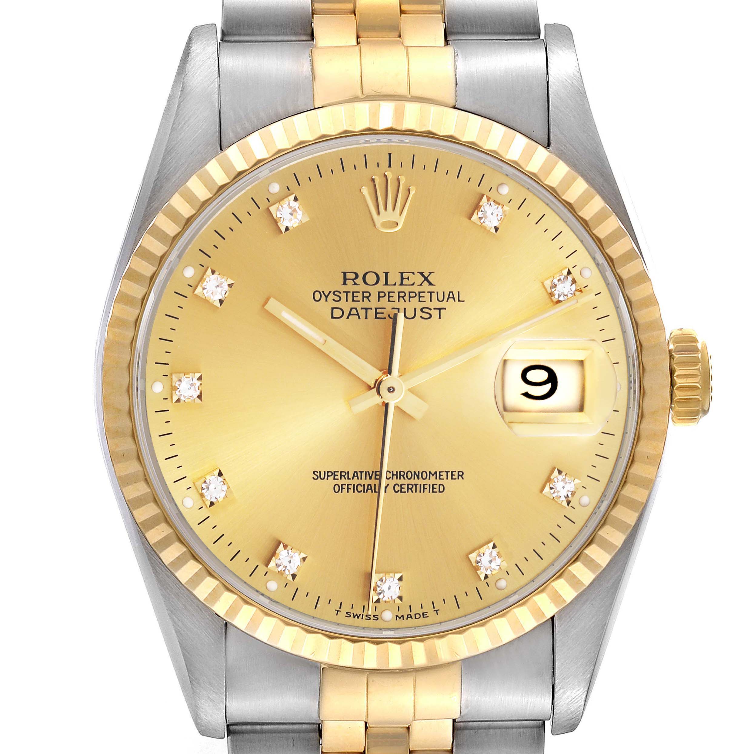 The Rolex Datejust 16233 Men's Steel and Gold (two tone) Champagne Dial 16233 Men's Steel and Gold (two tone) Champagne Dial watch is shown from the front, displaying its face, bezel, and part of the bracelet.
