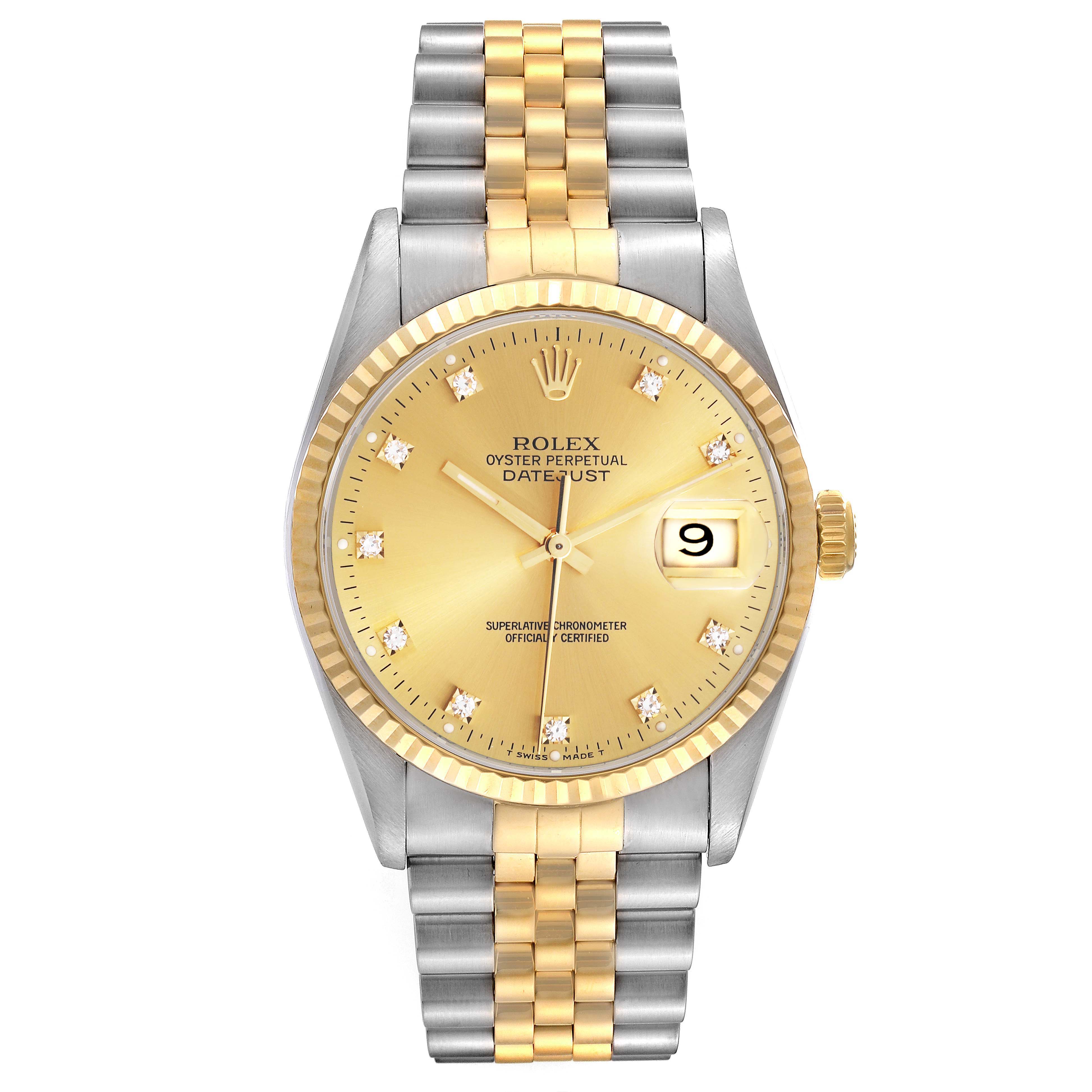 The Rolex Datejust 16233 Men's Steel and Gold (two tone) Champagne Dial 16233 Men's Steel and Gold (two tone) Champagne Dial watch is shown from a front angle, displaying its gold dial, two-tone bracelet, and fluted bezel.