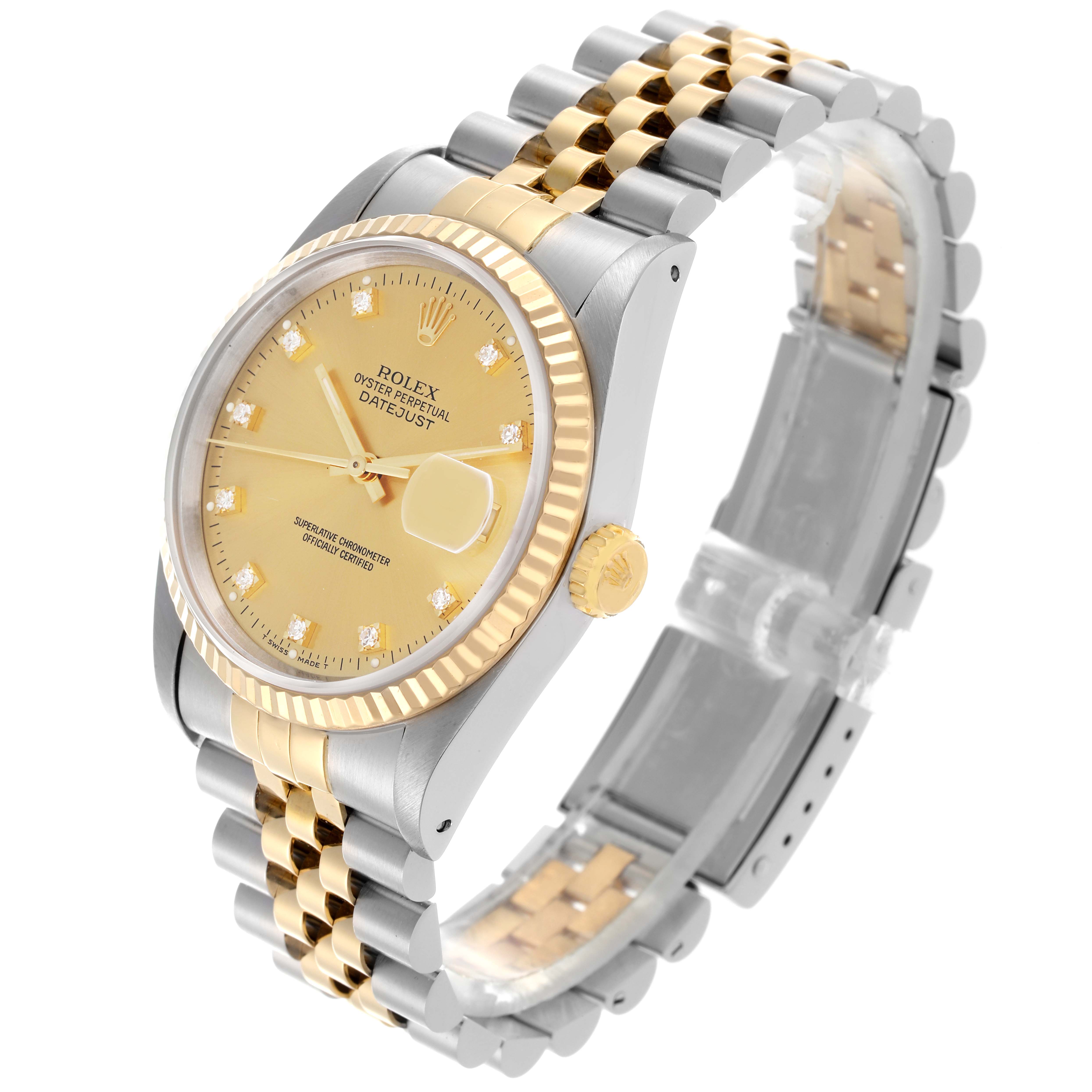 The Rolex Datejust 16233 Men's Steel and Gold (two tone) Champagne Dial 16233 Men's Steel and Gold (two tone) Champagne Dial watch is shown at a slight angle, highlighting the face, bezel, crown, and two-tone jubilee bracelet.