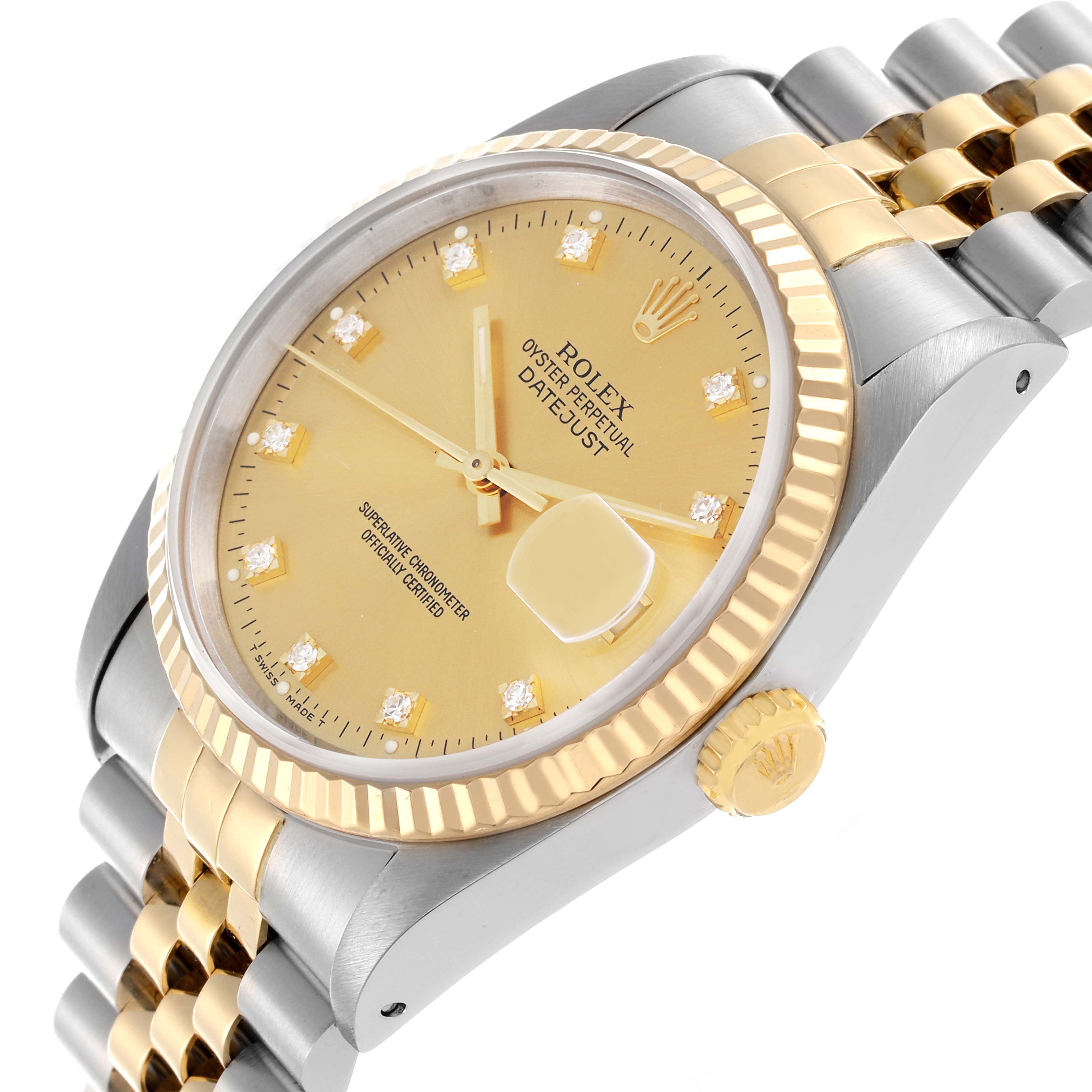 The Rolex Datejust 16233 Men's Steel and Gold (two tone) Champagne Dial 16233 Men's Steel and Gold (two tone) Champagne Dial is shown at a three-quarter angle highlighting the dial, crown, bezel, and bracelet.