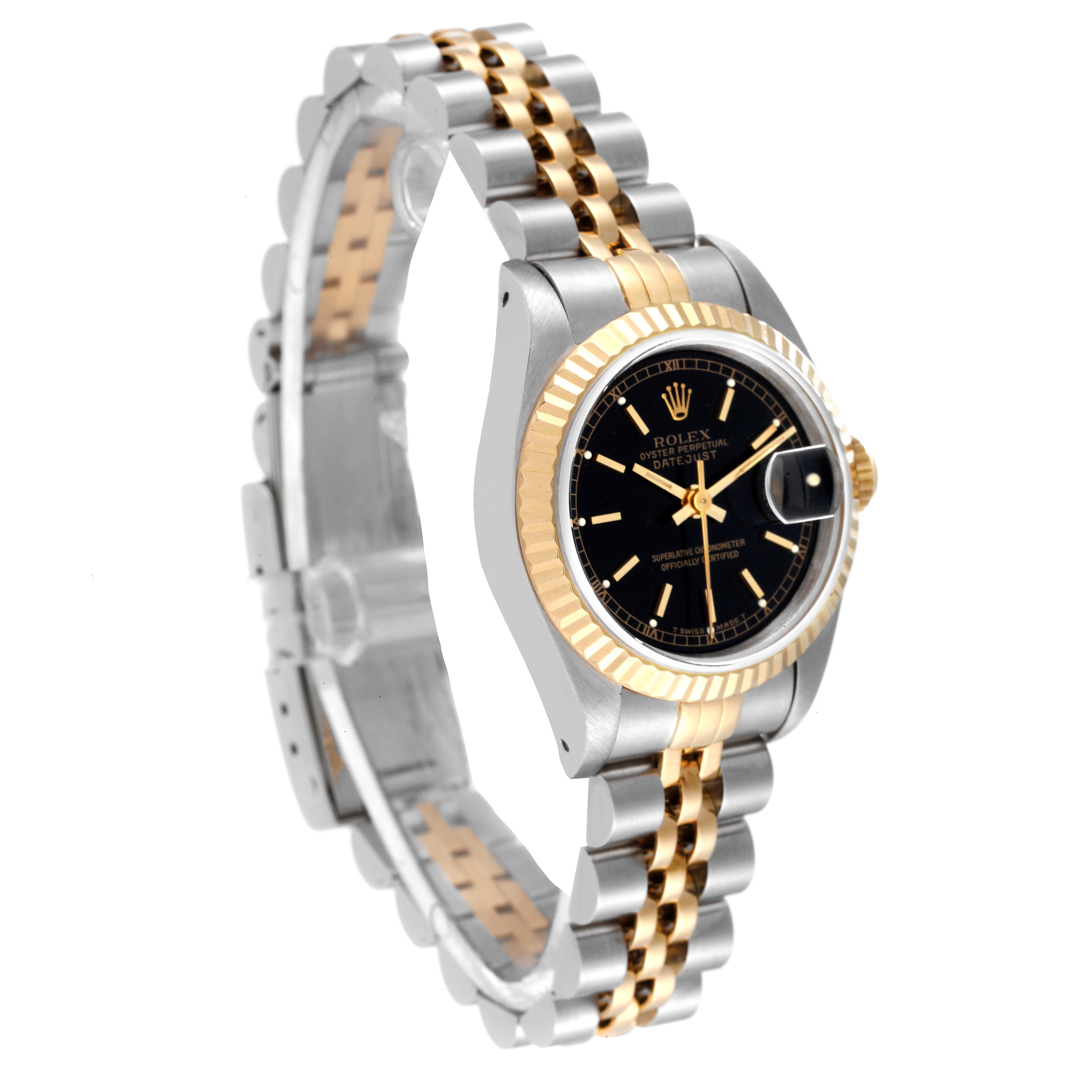 The image shows a side view of a Rolex Datejust 69173 Women's Steel and Gold (two tone) Black Dial 69173 Women's Steel and Gold (two tone) Black Dial watch, highlighting its black dial, two-tone bracelet, and fluted bezel.
