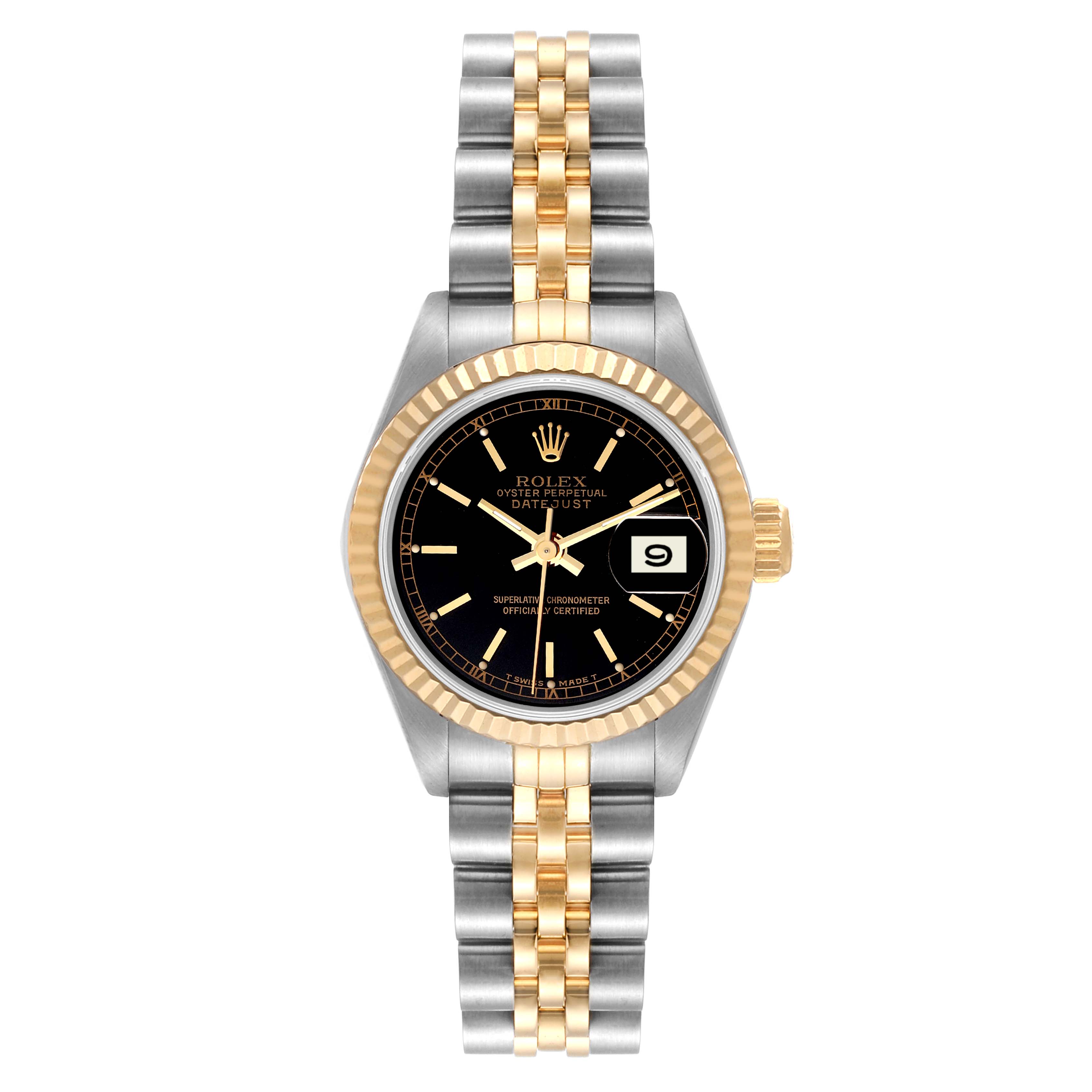 The image shows a frontal view of a Rolex Datejust 69173 Women's Steel and Gold (two tone) Black Dial 69173 Women's Steel and Gold (two tone) Black Dial watch, highlighting the dial, bezel, and two-tone bracelet.