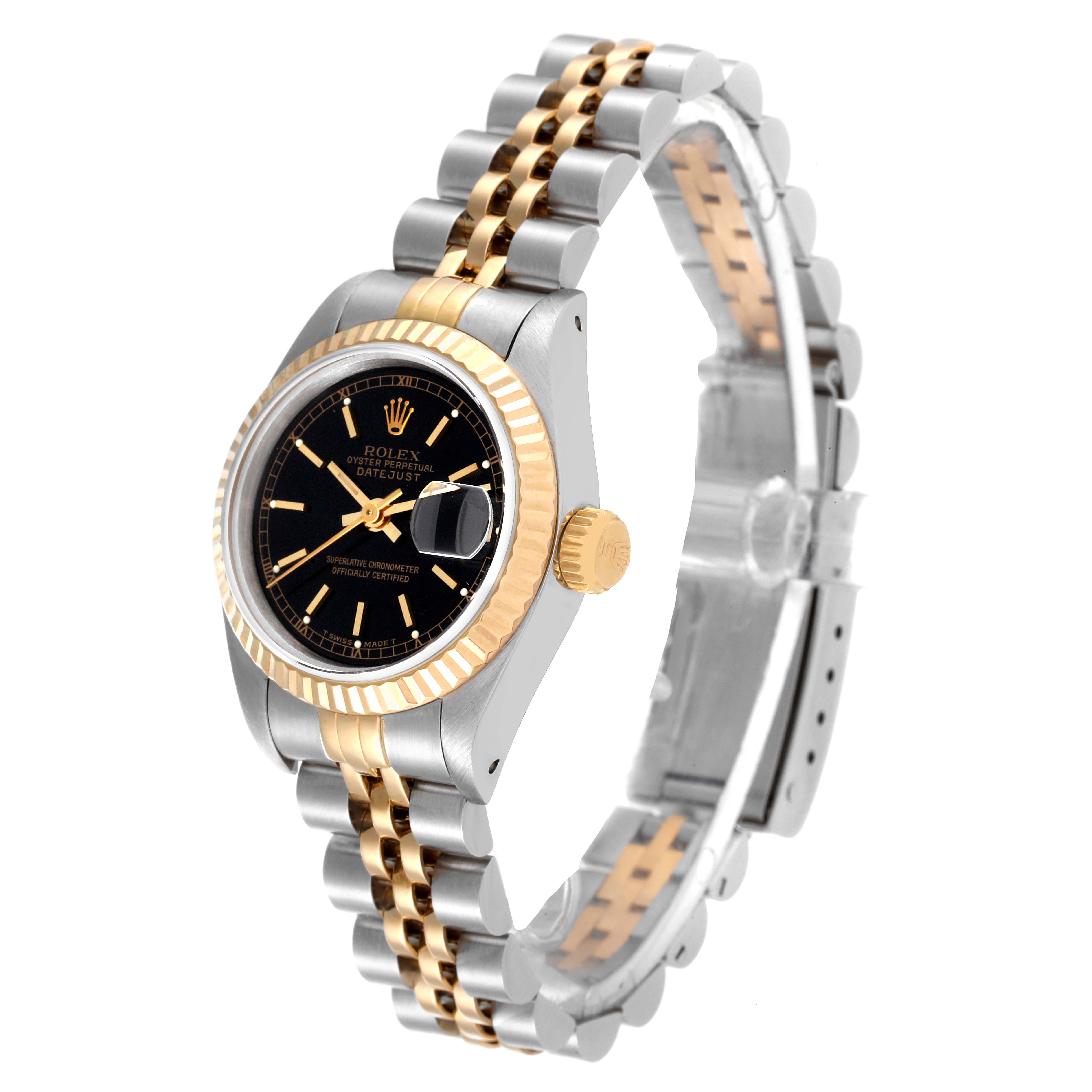 The Rolex Datejust 69173 Women's Steel and Gold (two tone) Black Dial 69173 Women's Steel and Gold (two tone) Black Dial watch is shown at a three-quarter angle, displaying the face, bezel, crown, and Jubilee bracelet.