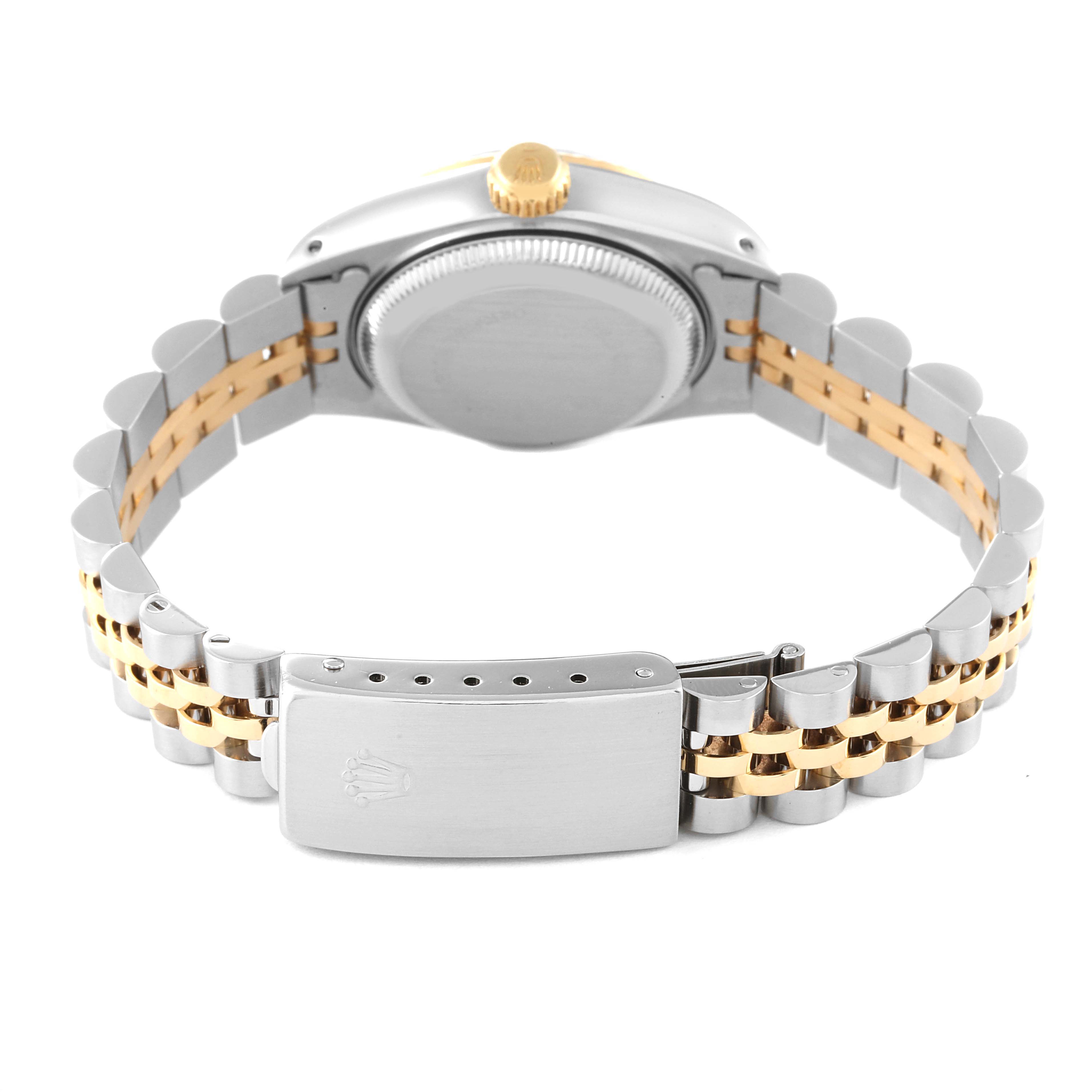 This image shows the back view of a Rolex Datejust 69173 Women's Steel and Gold (two tone) Black Dial 69173 Women's Steel and Gold (two tone) Black Dial watch, focusing on the clasp, bracelet, and case back.