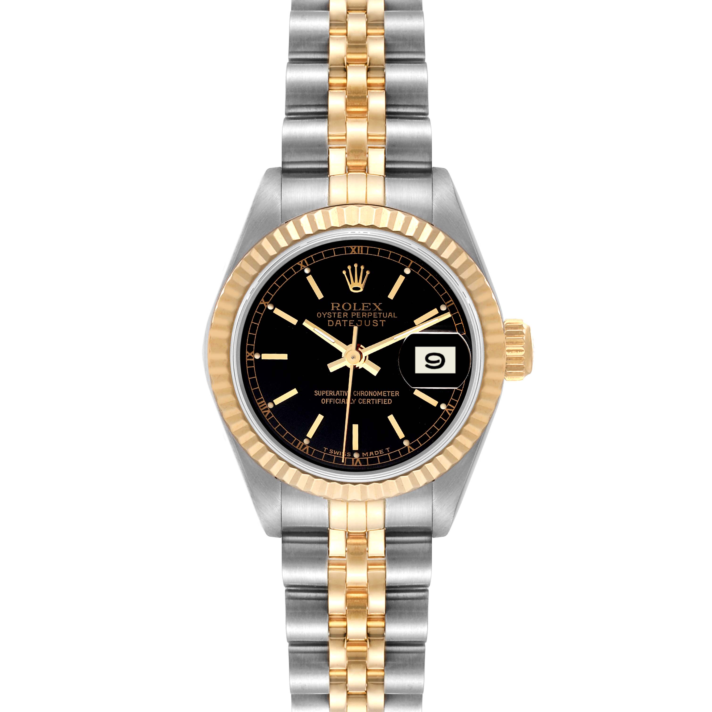 This image shows a front view of a Rolex Datejust 69173 Women's Steel and Gold (two tone) Black Dial 69173 Women's Steel and Gold (two tone) Black Dial watch, highlighting the dial, bezel, bracelet, and date indicator.