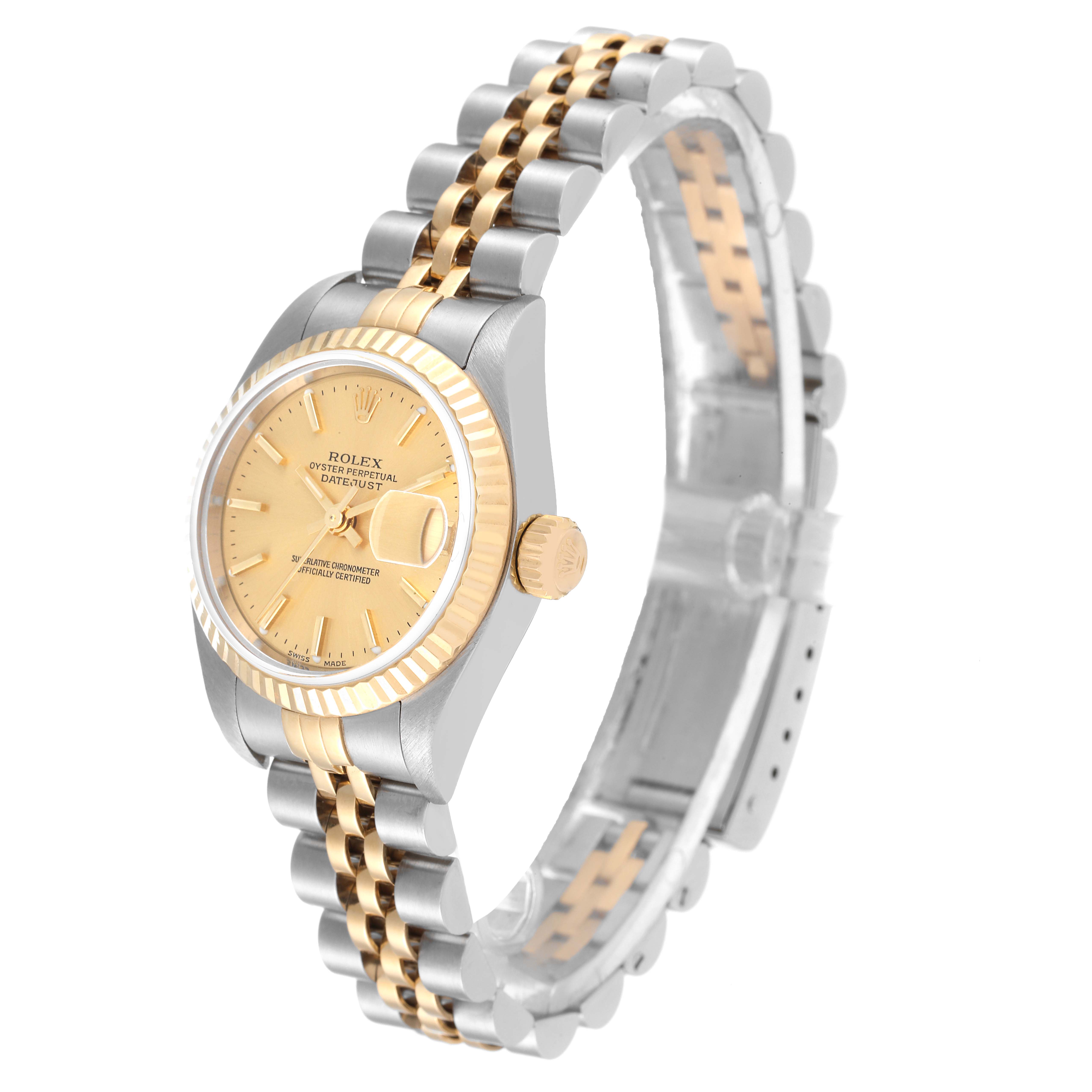 The image shows a side angle of a Rolex Datejust 79173 Women's Steel and Gold (two tone) Champagne Dial 79173 Women's Steel and Gold (two tone) Champagne Dial watch, highlighting its dial, bezel, crown, and two-tone bracelet.