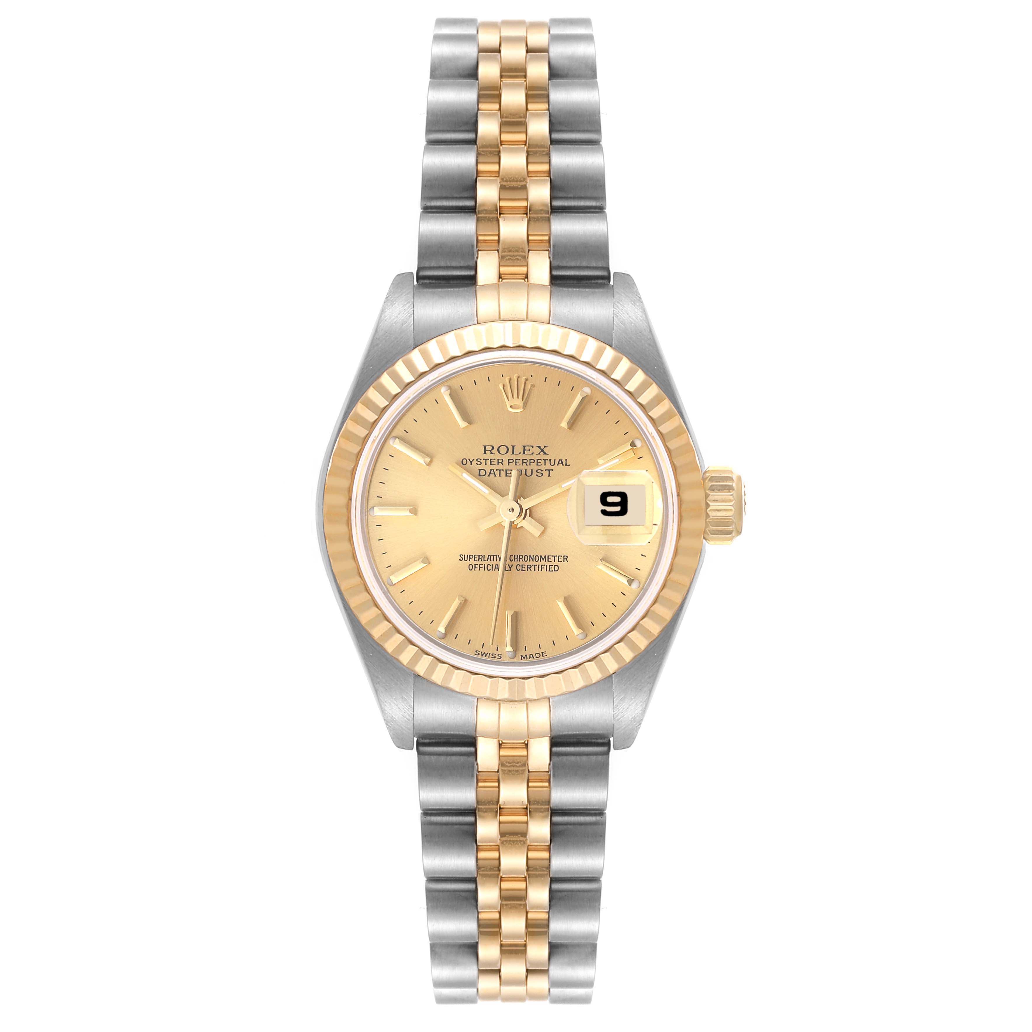 This image shows a front view of a Rolex Datejust 79173 Women's Steel and Gold (two tone) Champagne Dial 79173 Women's Steel and Gold (two tone) Champagne Dial watch with a gold and silver Jubilee bracelet and a gold bezel.