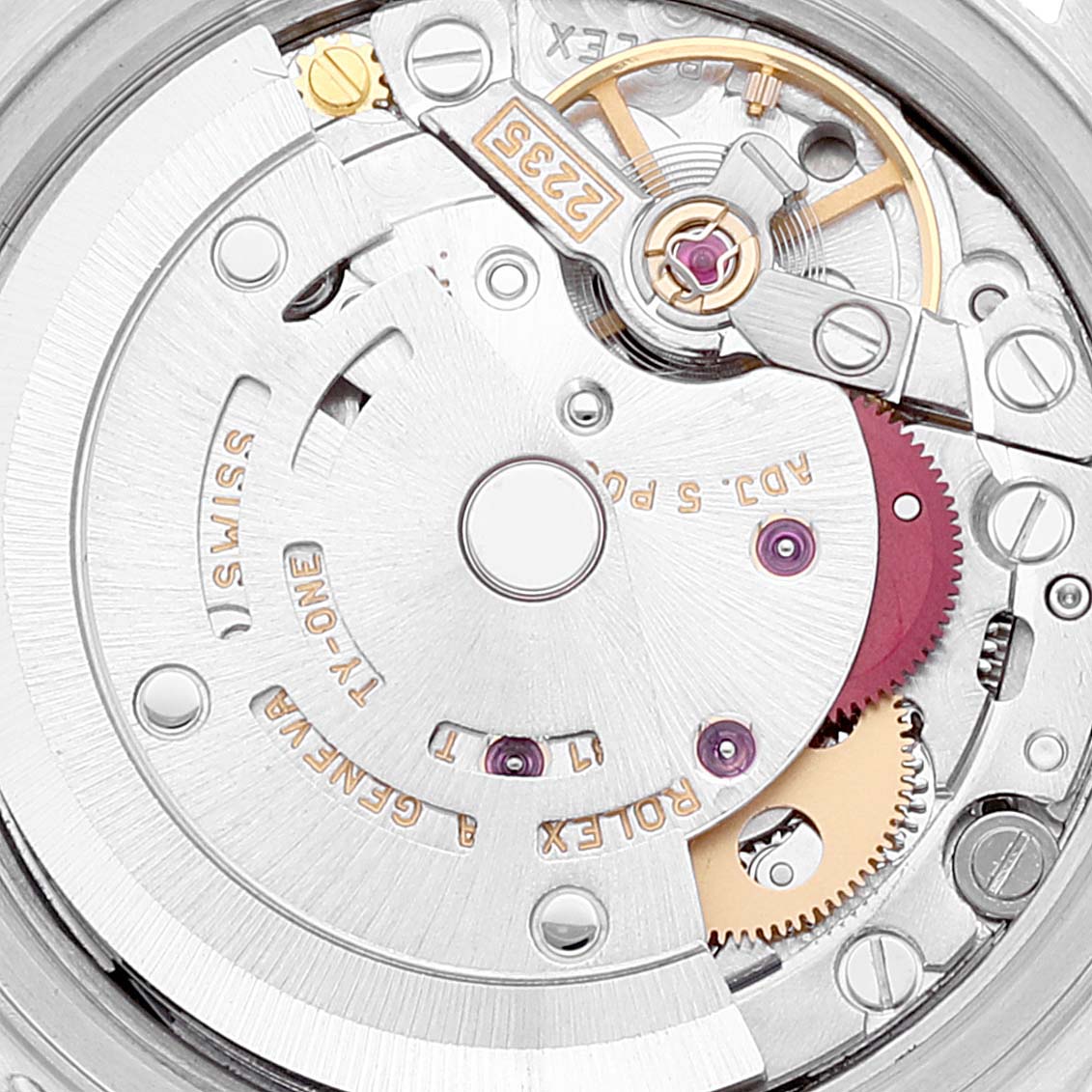 This image shows the intricate internal mechanism of the Rolex Datejust 79173 Women's Steel and Gold (two tone) Champagne Dial 79173 Women's Steel and Gold (two tone) Champagne Dial watch model with a focus on gears and the movement parts.
