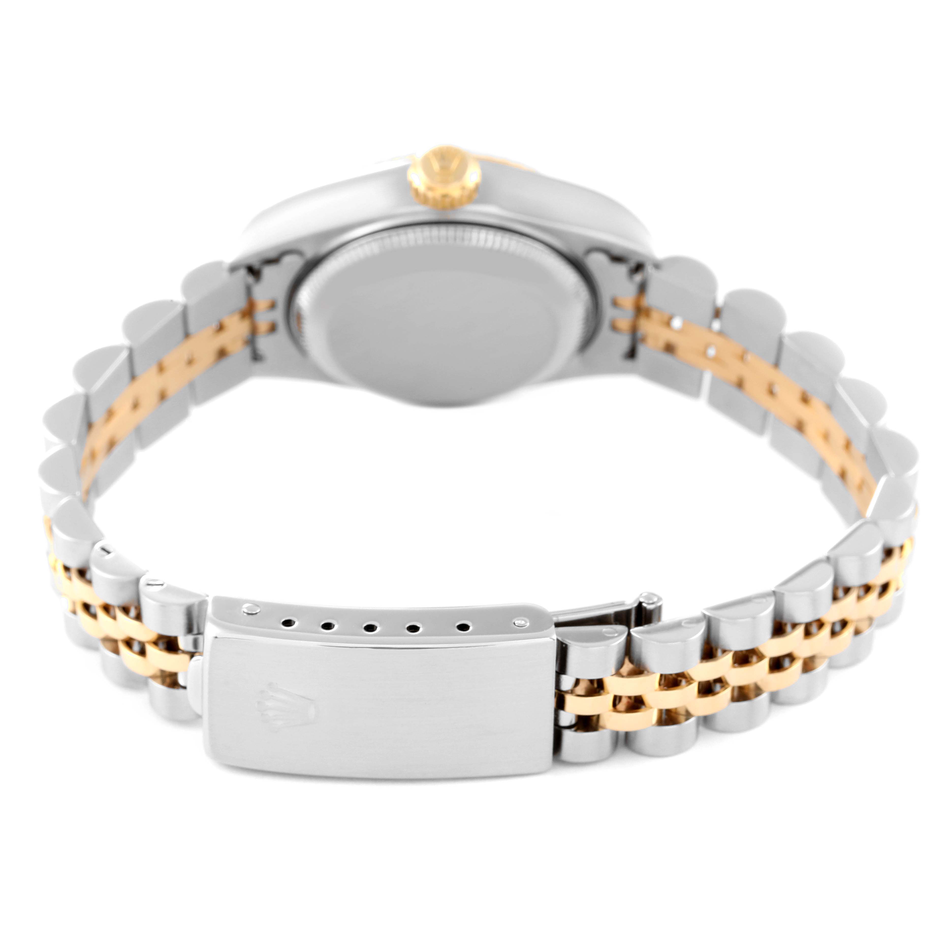 The image shows the back view of the Rolex Datejust 79173 Women's Steel and Gold (two tone) Champagne Dial 79173 Women's Steel and Gold (two tone) Champagne Dial watch, focusing on the case back and the Jubilee bracelet with a clasp.
