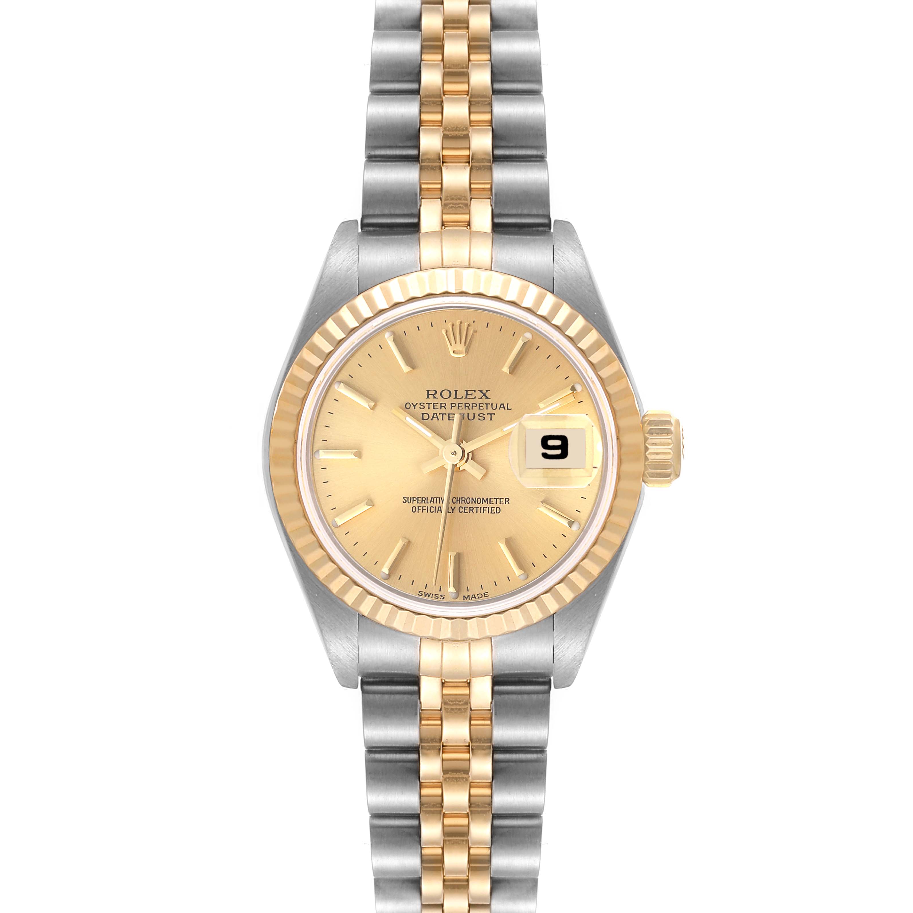 This is a front view of a Rolex Datejust 79173 Women's Steel and Gold (two tone) Champagne Dial 79173 Women's Steel and Gold (two tone) Champagne Dial watch, showing its gold dial, fluted bezel, and two-tone metal bracelet.