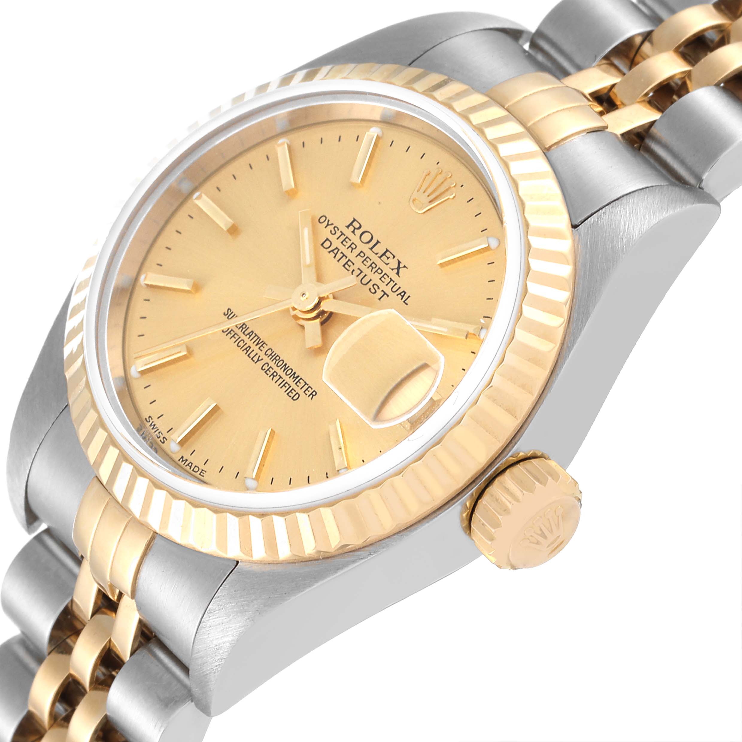 The image shows a close-up of the Rolex Datejust 79173 Women's Steel and Gold (two tone) Champagne Dial 79173 Women's Steel and Gold (two tone) Champagne Dial watch, angled to display the dial, bezel, crown, and part of the bracelet.