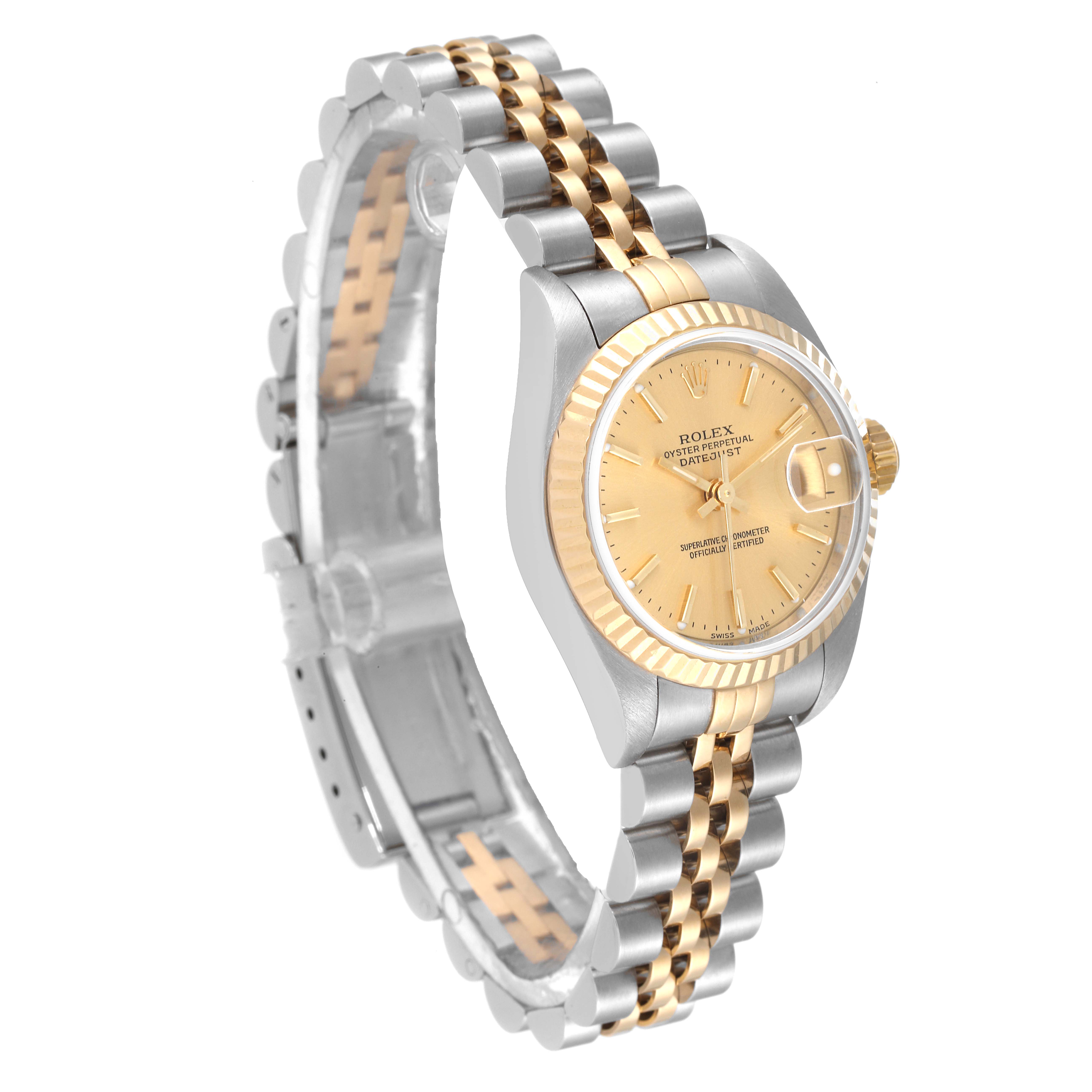 The image shows a Rolex Datejust 79173 Women's Steel and Gold (two tone) Champagne Dial 79173 Women's Steel and Gold (two tone) Champagne Dial watch at an angle, including the dial, fluted bezel, and two-tone bracelet.
