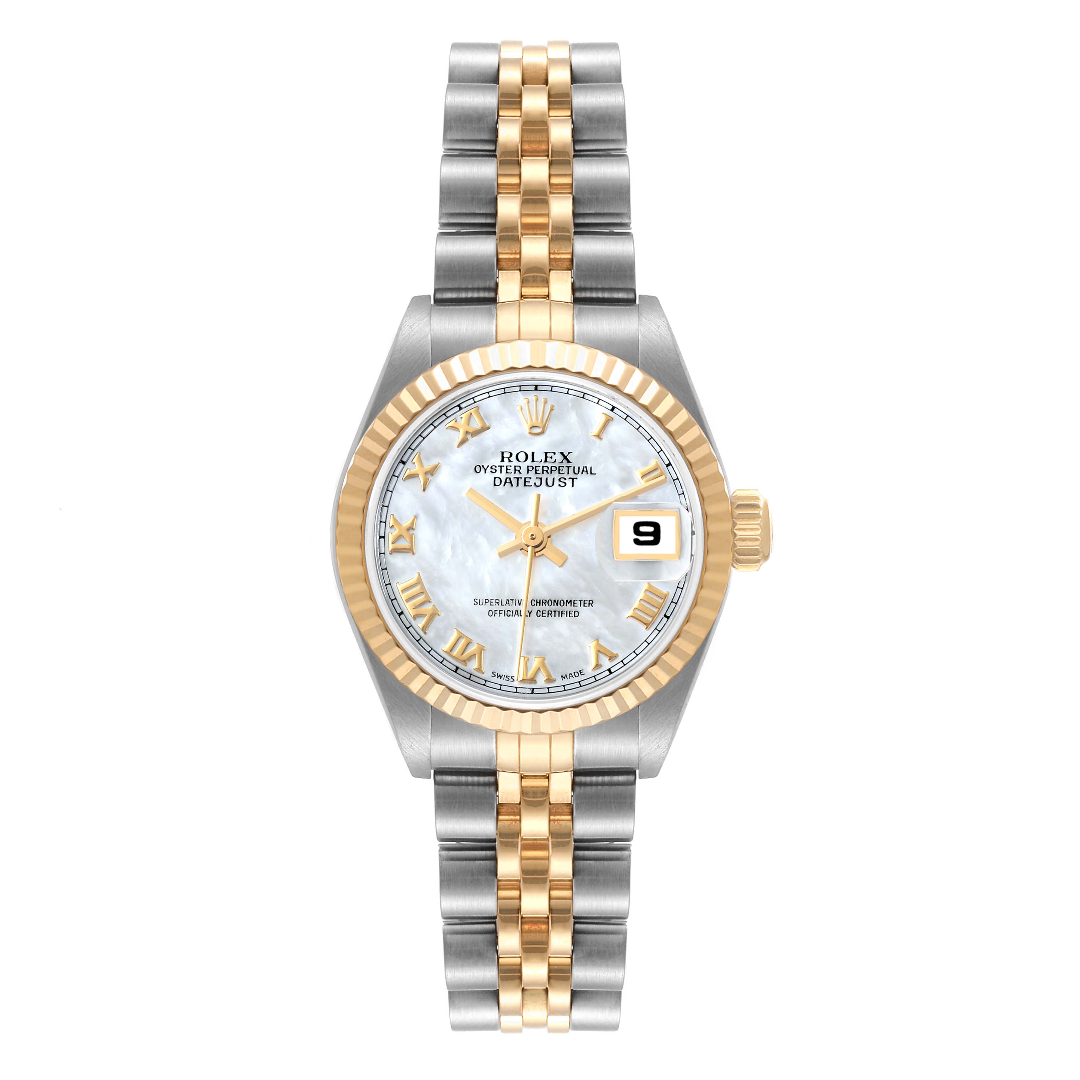 The image shows the front view of a Rolex Datejust 79173 Women's Steel and Gold (two tone) Mother of Pearl Dial 79173 Women's Steel and Gold (two tone) Mother of Pearl Dial watch, highlighting its dial, bezel, and two-tone bracelet.
