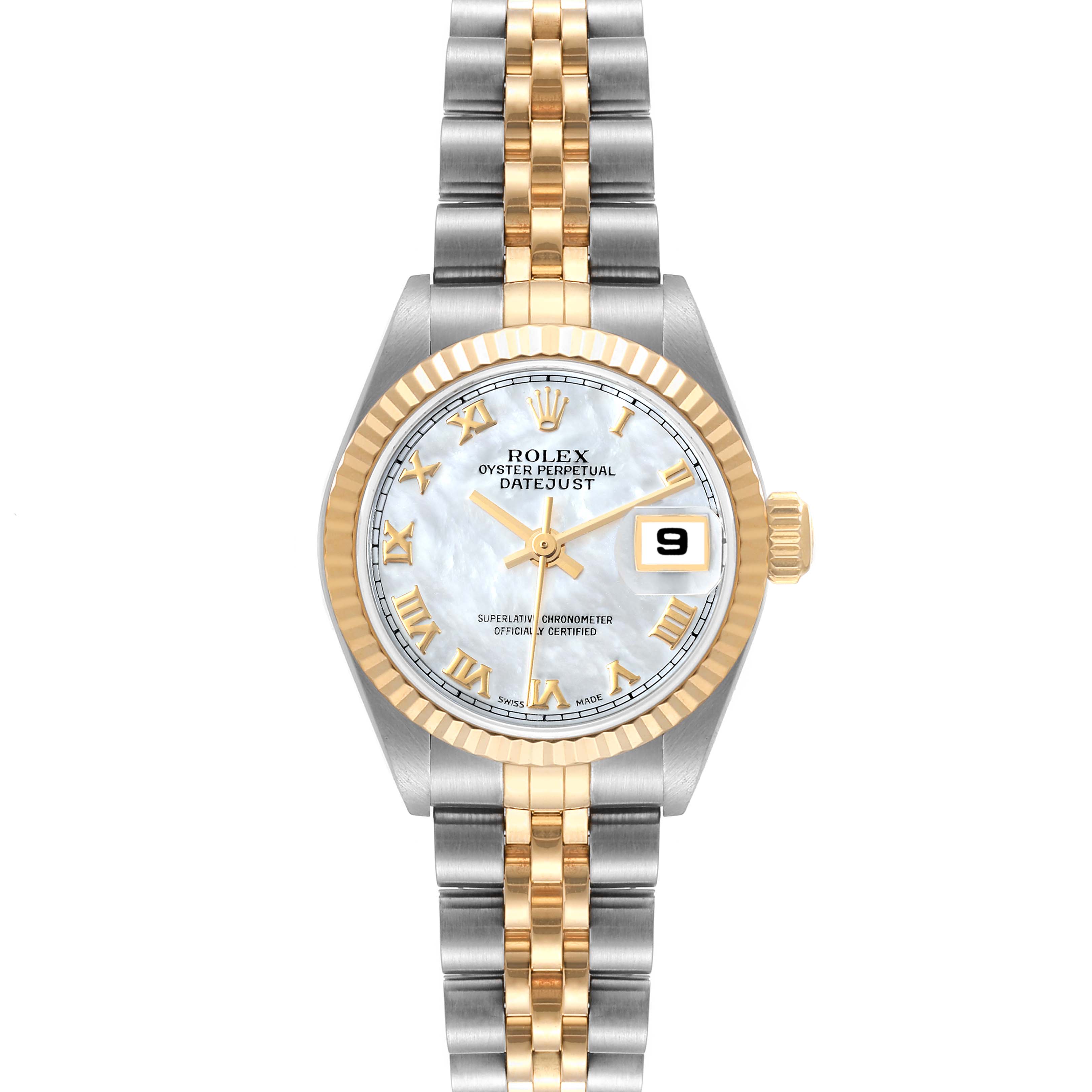 This image shows a front view of a Rolex Datejust 79173 Women's Steel and Gold (two tone) Mother of Pearl Dial 79173 Women's Steel and Gold (two tone) Mother of Pearl Dial watch, highlighting the dial, bezel, crown, and bracelet.
