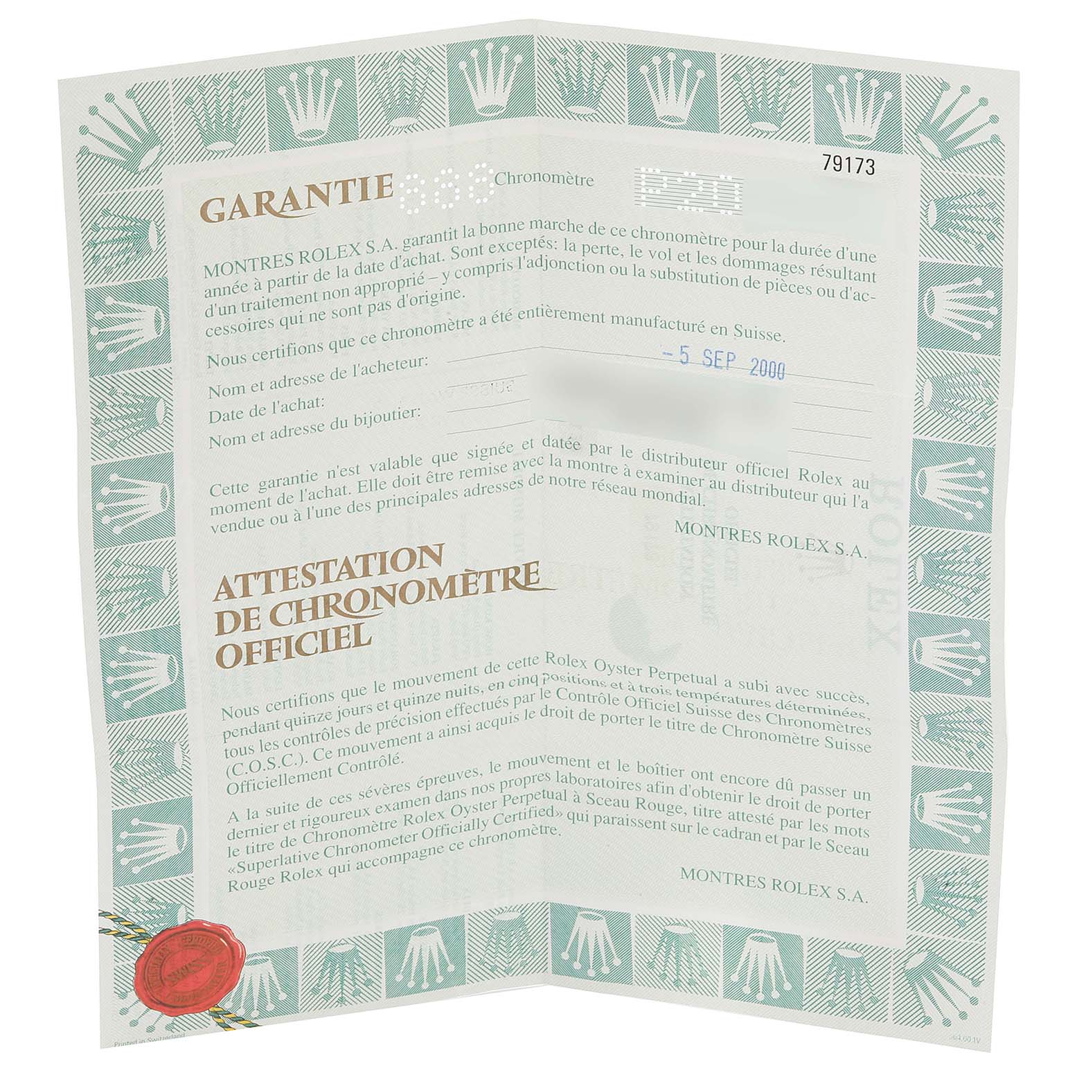 The image shows a warranty certificate for a Rolex Datejust 79173 Women's Steel and Gold (two tone) Mother of Pearl Dial 79173 Women's Steel and Gold (two tone) Mother of Pearl Dial model, featuring text and official stamps.