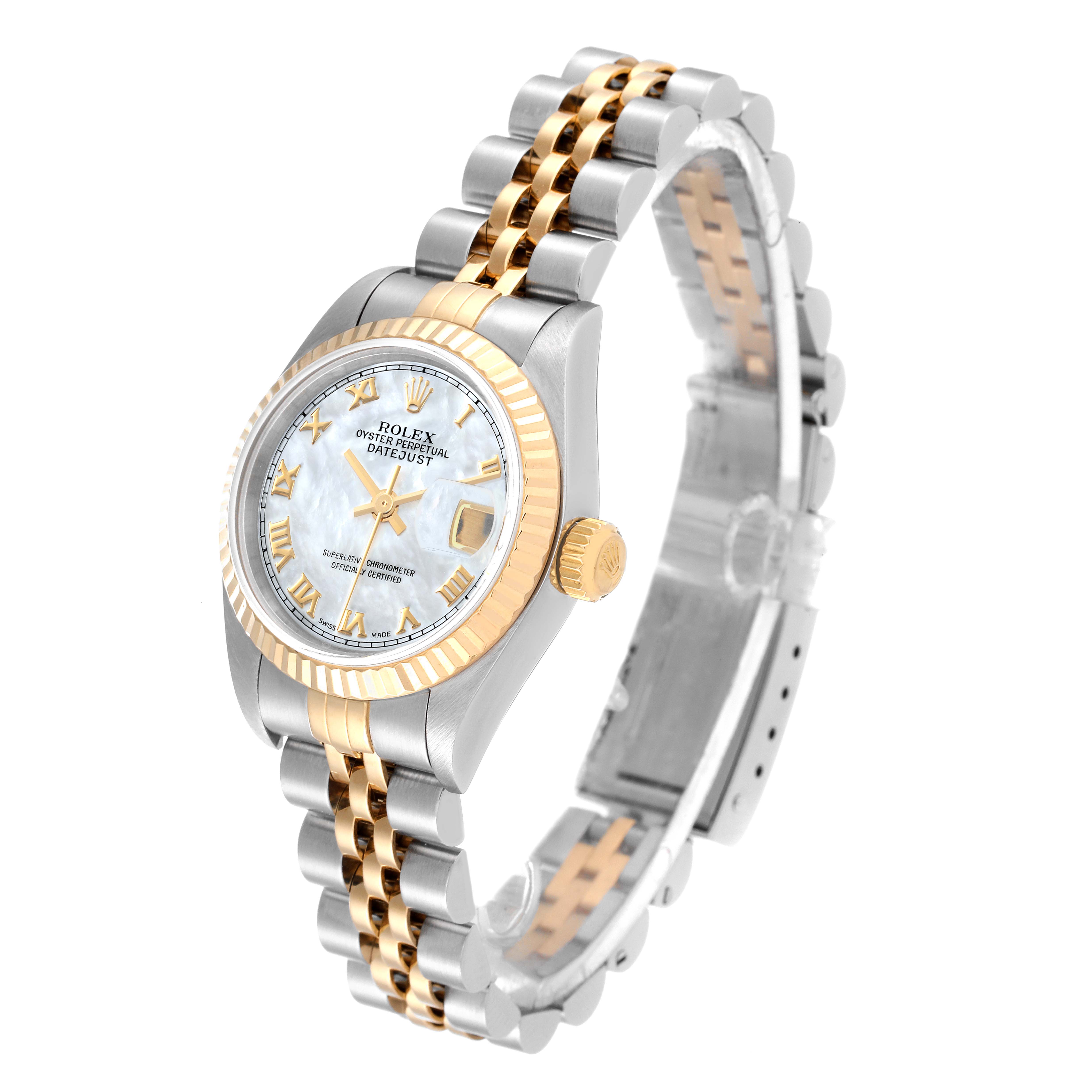 The Rolex Datejust 79173 Women's Steel and Gold (two tone) Mother of Pearl Dial 79173 Women's Steel and Gold (two tone) Mother of Pearl Dial watch is shown from a 3/4 angle, displaying the dial, bezel, crown, and part of the bracelet.