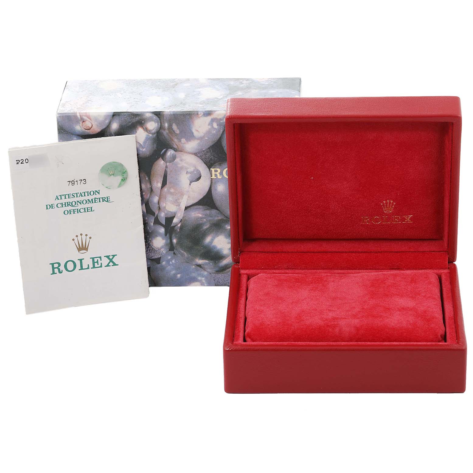 The image shows the packaging and certification of a Rolex Datejust 79173 Women's Steel and Gold (two tone) Mother of Pearl Dial 79173 Women's Steel and Gold (two tone) Mother of Pearl Dial model.