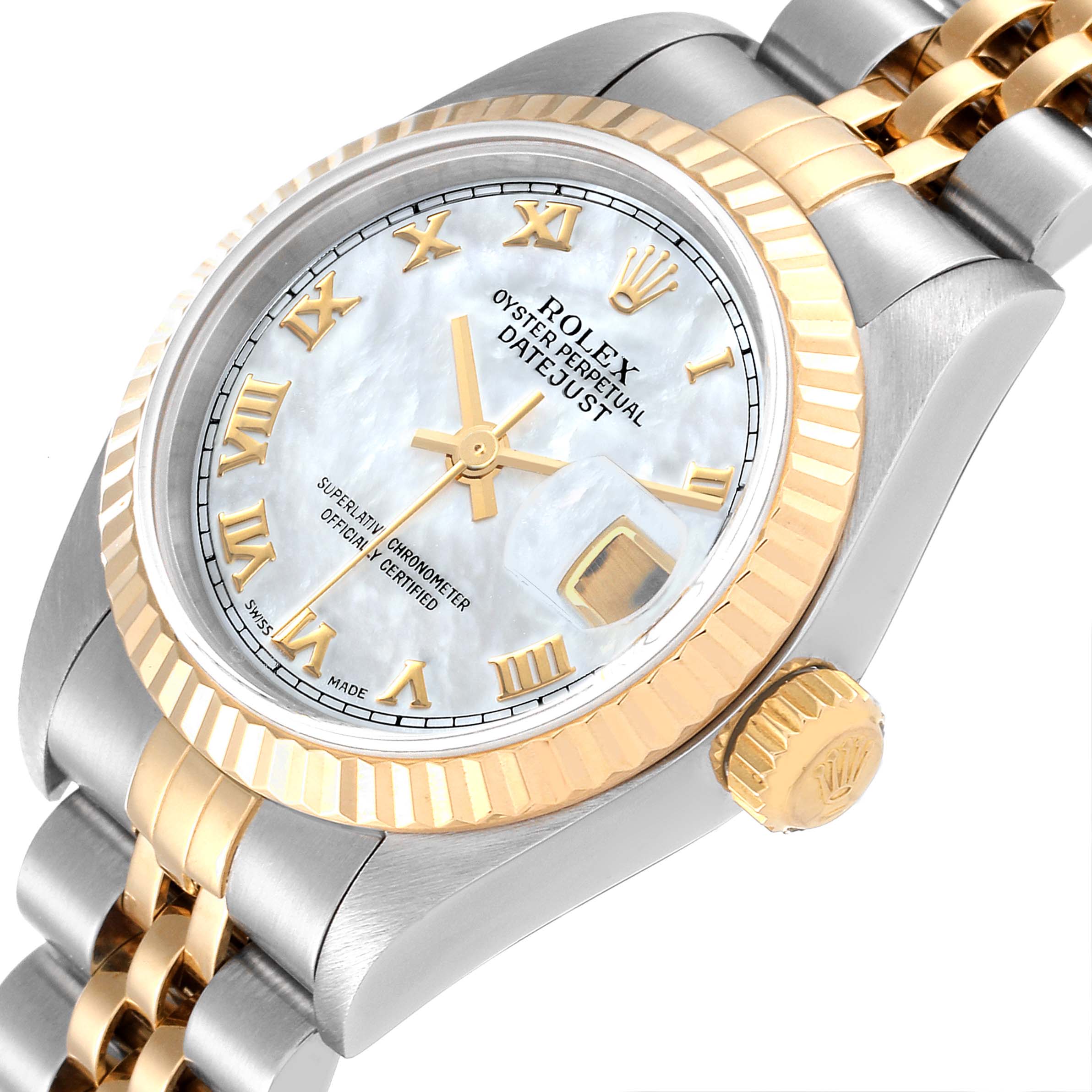 The Rolex Datejust 79173 Women's Steel and Gold (two tone) Mother of Pearl Dial 79173 Women's Steel and Gold (two tone) Mother of Pearl Dial watch is shown from a front angle, highlighting the dial, bezel, and part of the bracelet.
