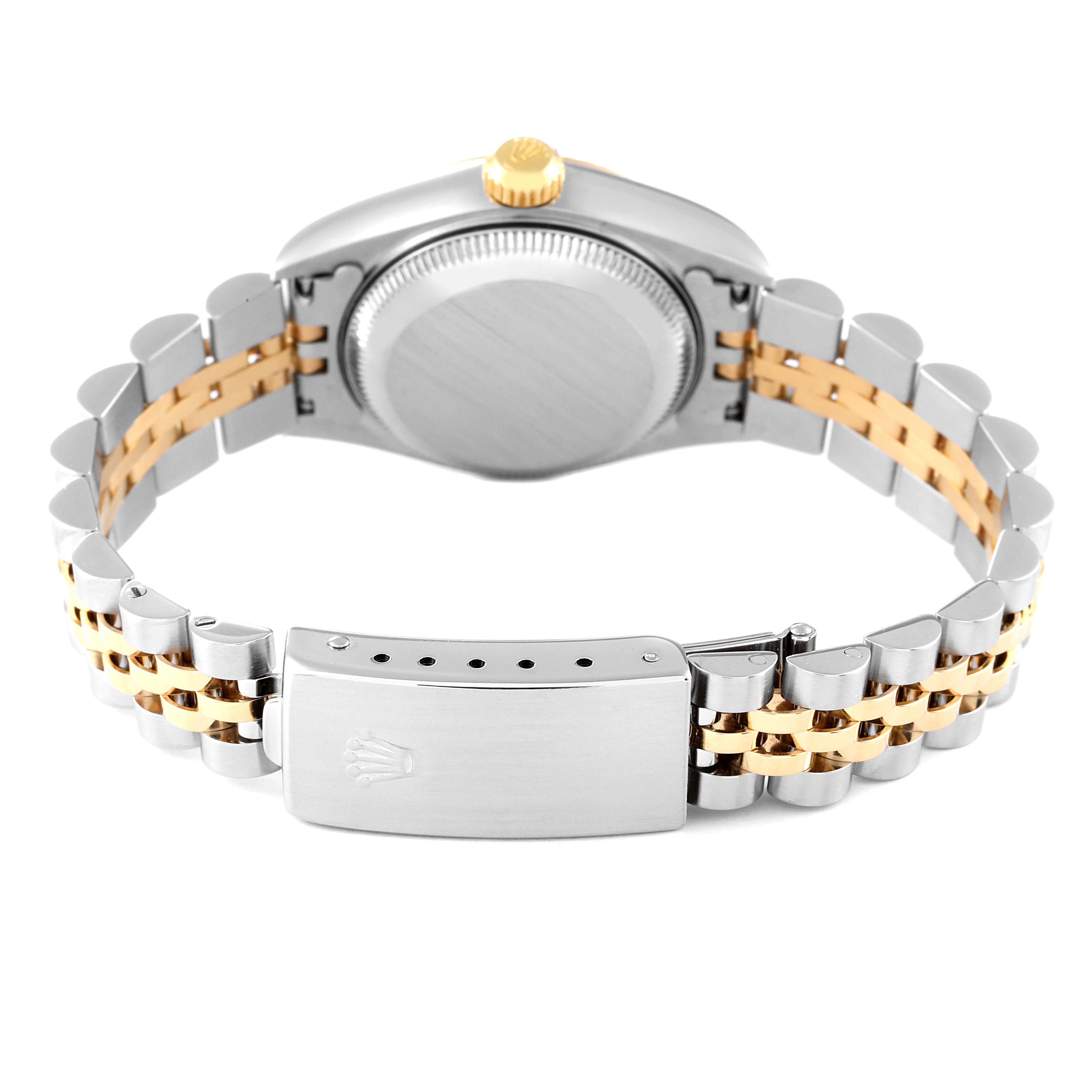 This image shows the back of the Rolex Datejust 79173 Women's Steel and Gold (two tone) Mother of Pearl Dial 79173 Women's Steel and Gold (two tone) Mother of Pearl Dial watch, highlighting its case, gold crown, and two-tone Jubilee bracelet with clasp.