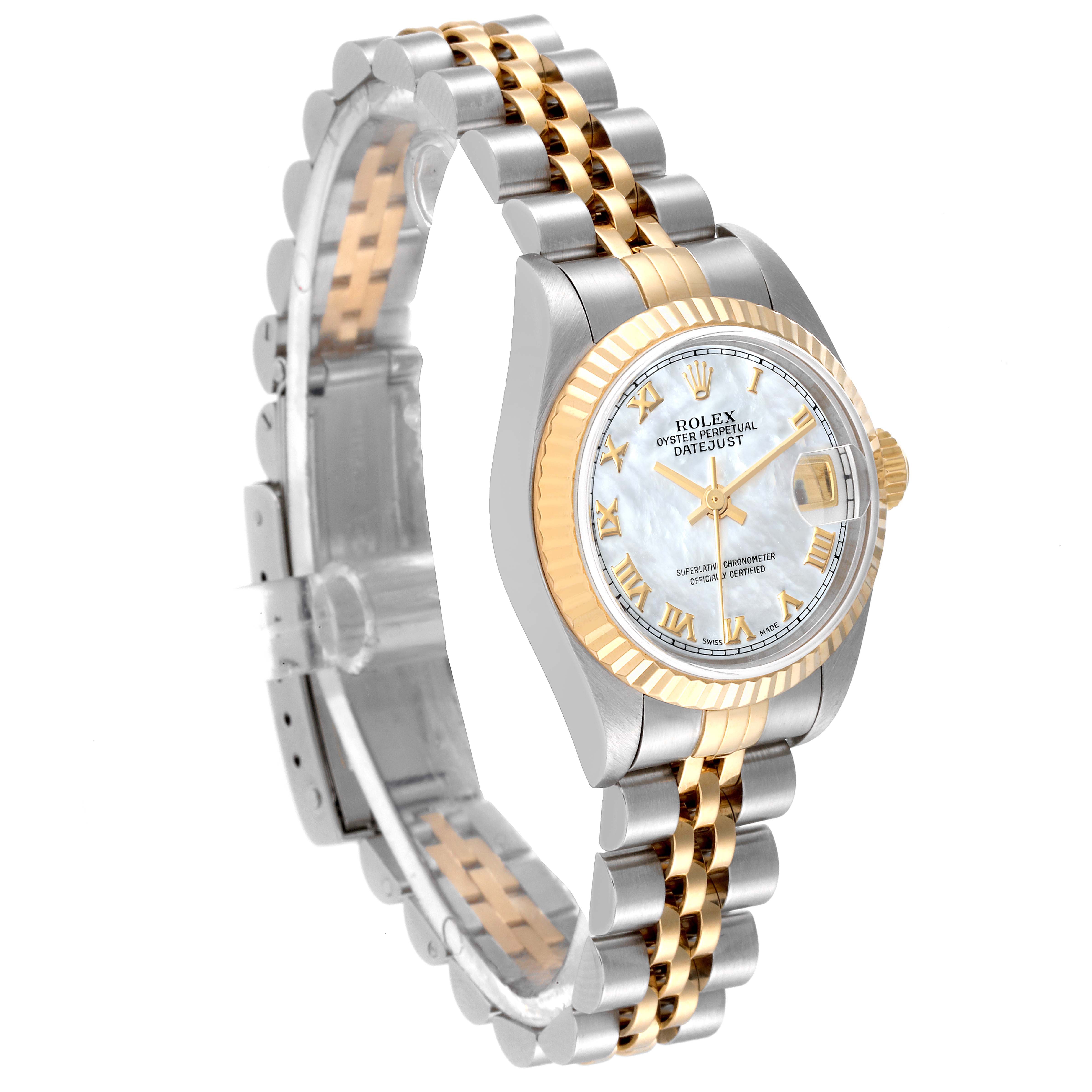 The image shows a Rolex Datejust 79173 Women's Steel and Gold (two tone) Mother of Pearl Dial 79173 Women's Steel and Gold (two tone) Mother of Pearl Dial watch from an angled side view, displaying its face, two-tone bracelet, and fluted bezel.