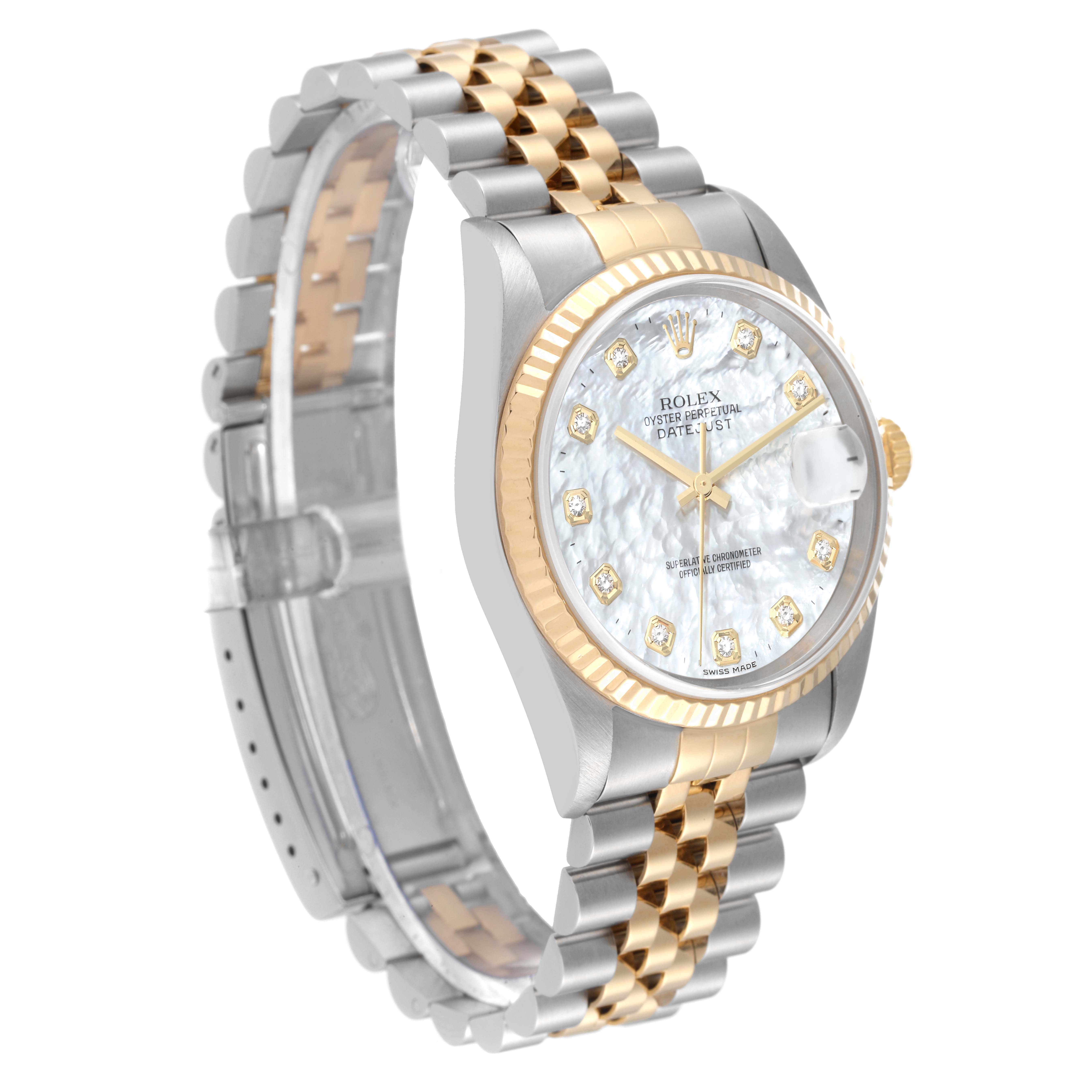 The image shows a Rolex Datejust 16233 Men's Steel and Gold (two tone) Mother of Pearl Dial 16233 Men's Steel and Gold (two tone) Mother of Pearl Dial model watch at an angle highlighting its face, bezel, and two-tone bracelet.