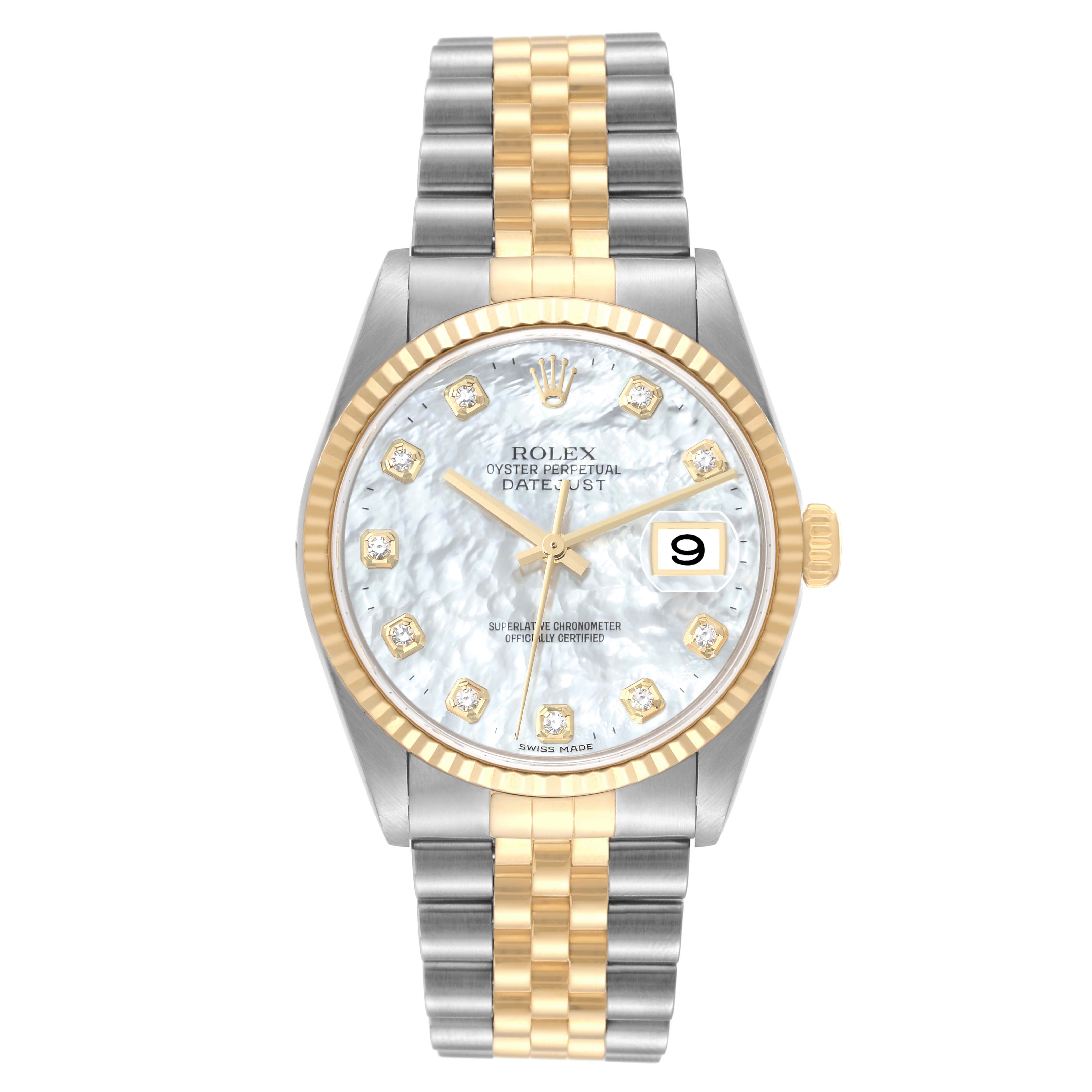 This is a front view of a Rolex Datejust 16233 Men's Steel and Gold (two tone) Mother of Pearl Dial 16233 Men's Steel and Gold (two tone) Mother of Pearl Dial watch showing its dial, bracelet, crown, and date window.