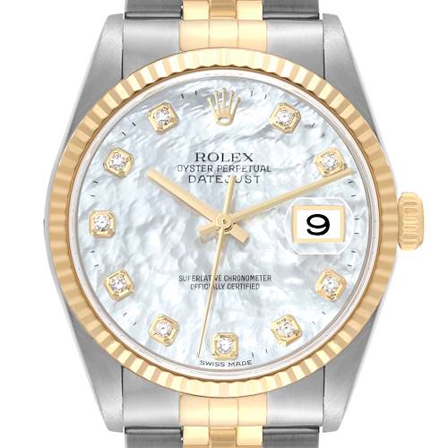 Photo of Rolex Datejust Steel Yellow Gold Mother Of Pearl Diamond Dial Mens Watch 16233