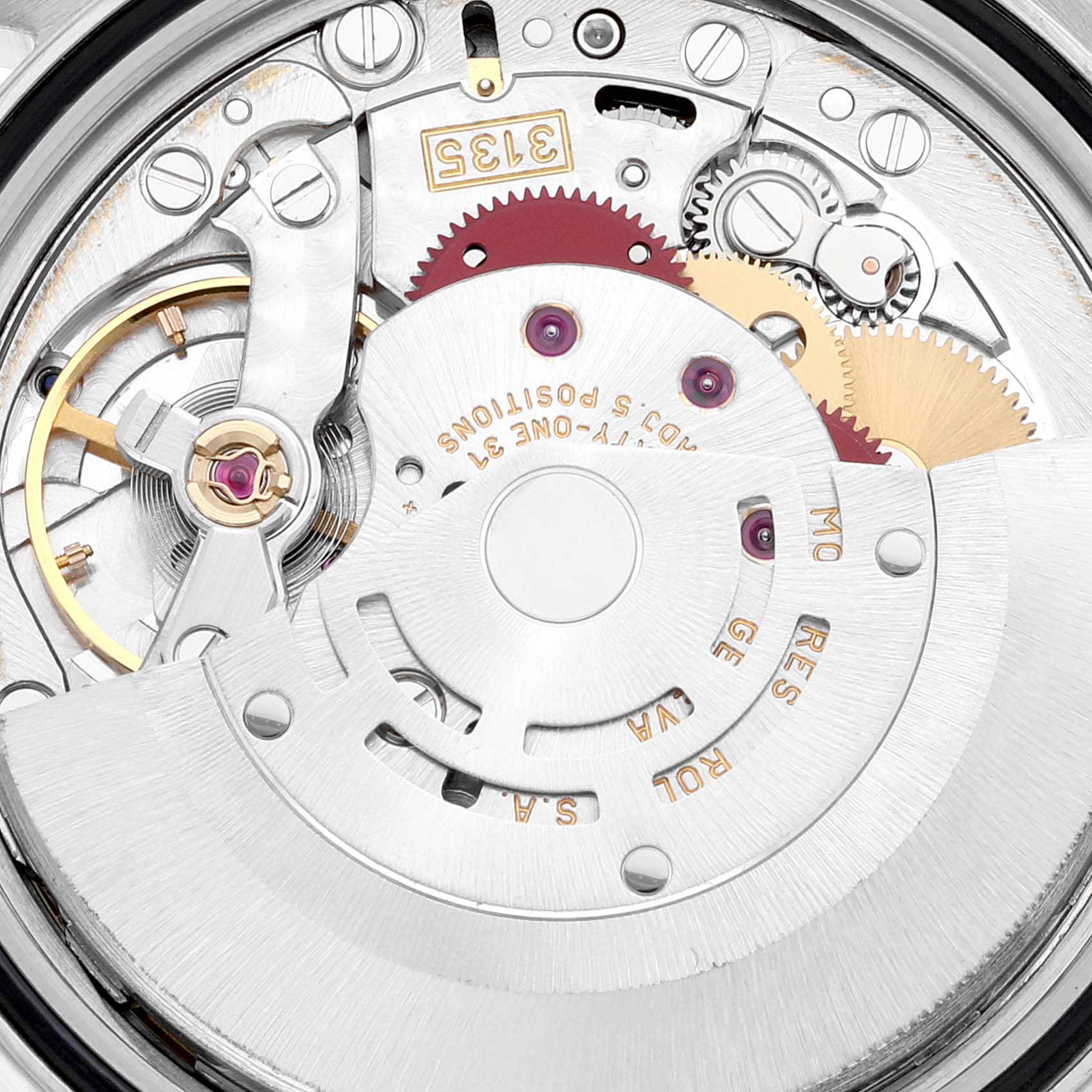 This image shows a close-up view of the movement mechanism inside a Rolex Datejust 16233 Men's Steel and Gold (two tone) Mother of Pearl Dial 16233 Men's Steel and Gold (two tone) Mother of Pearl Dial watch.