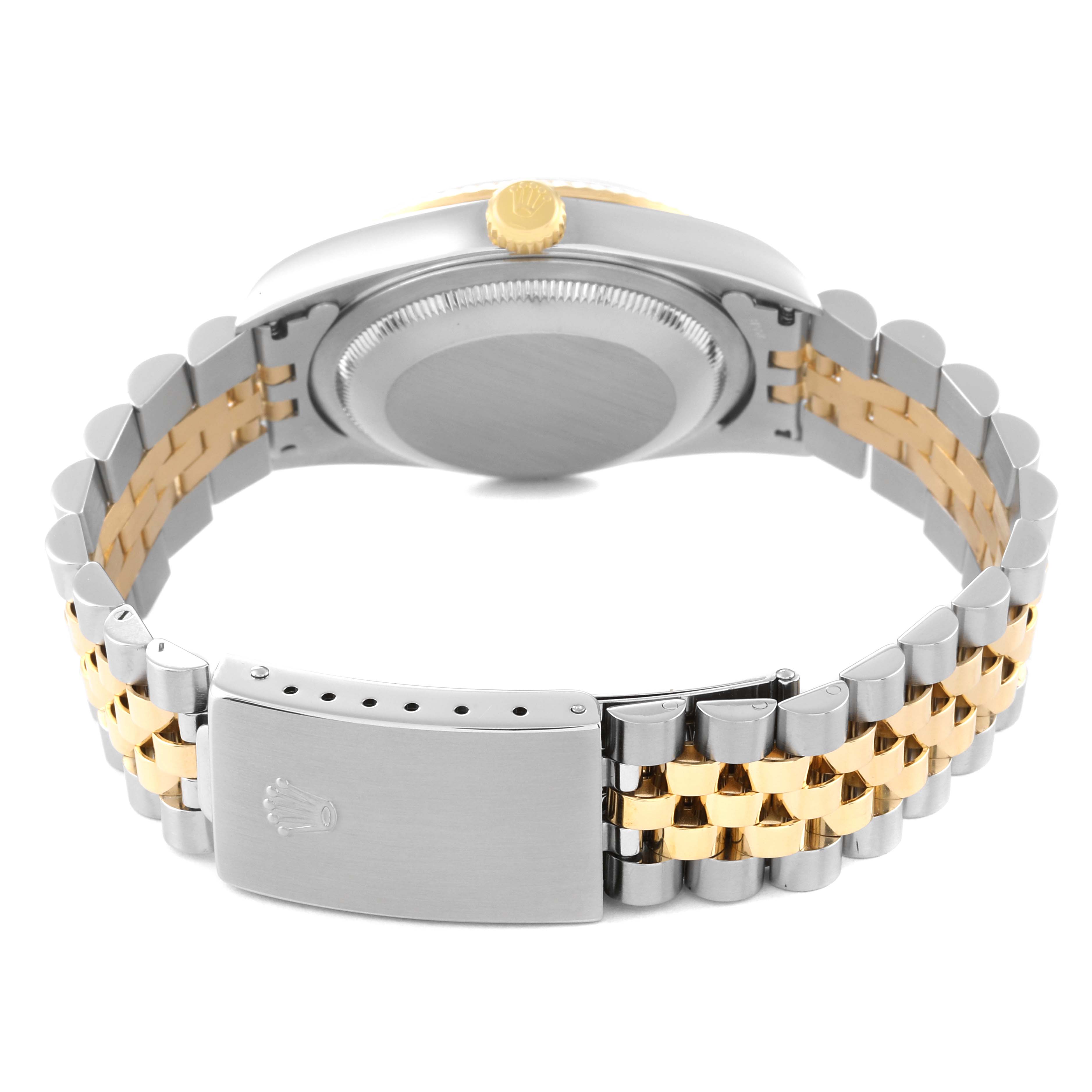 The image shows the back view of a Rolex Datejust 16233 Men's Steel and Gold (two tone) Mother of Pearl Dial 16233 Men's Steel and Gold (two tone) Mother of Pearl Dial watch, highlighting its clasp and bicolor bracelet.