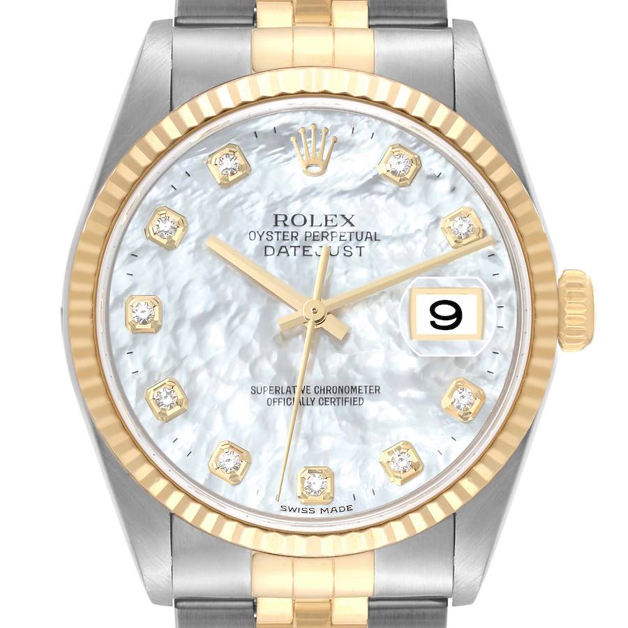 Rolex Datejust Steel Yellow Gold Mother Of Pearl Diamond Dial Mens Watch 16233 SwissWatchExpo