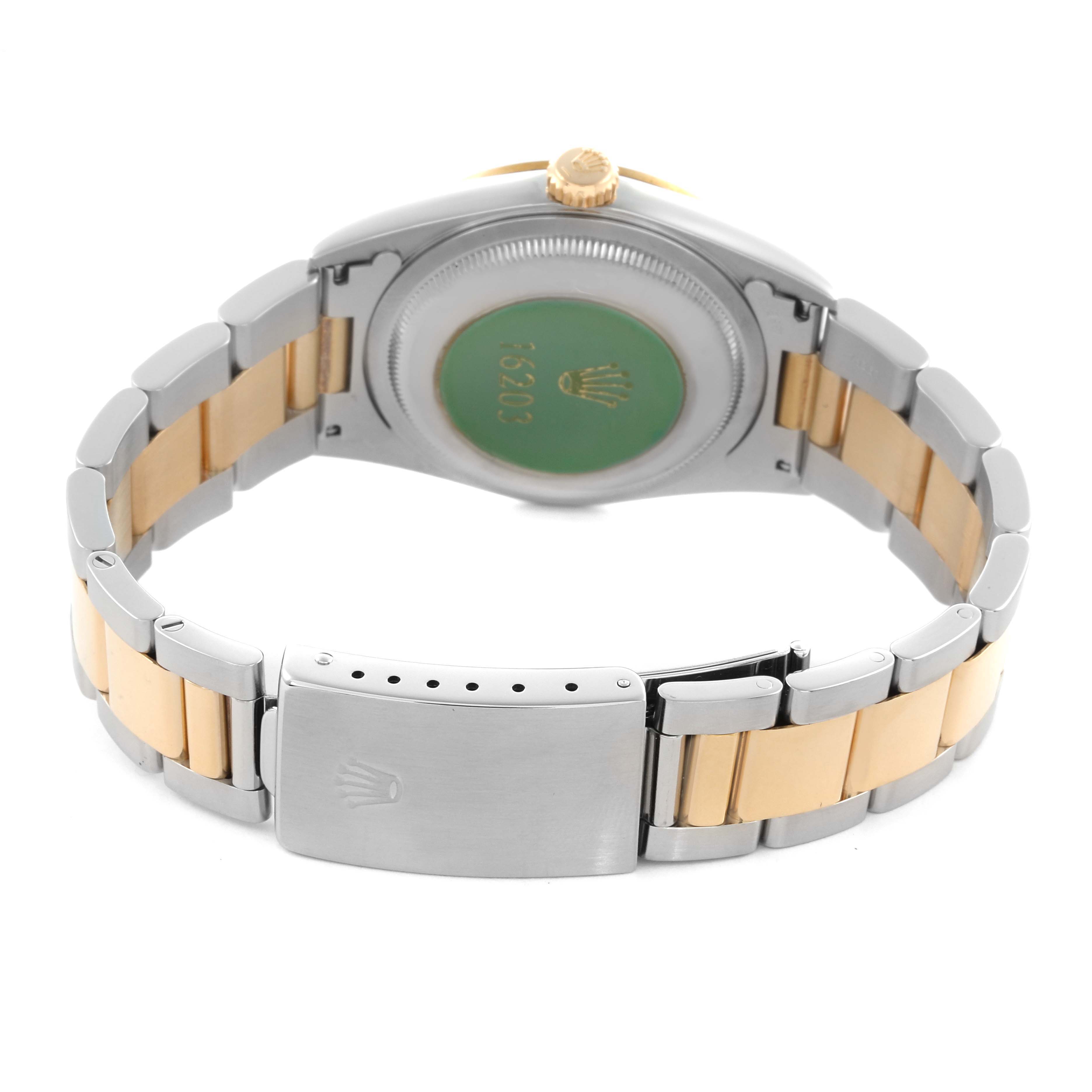 The image shows the back view of a Rolex Datejust 16203 Men's Steel and Gold (two tone) Grey Dial 16203 Men's Steel and Gold (two tone) Grey Dial, highlighting the bracelet and case back.