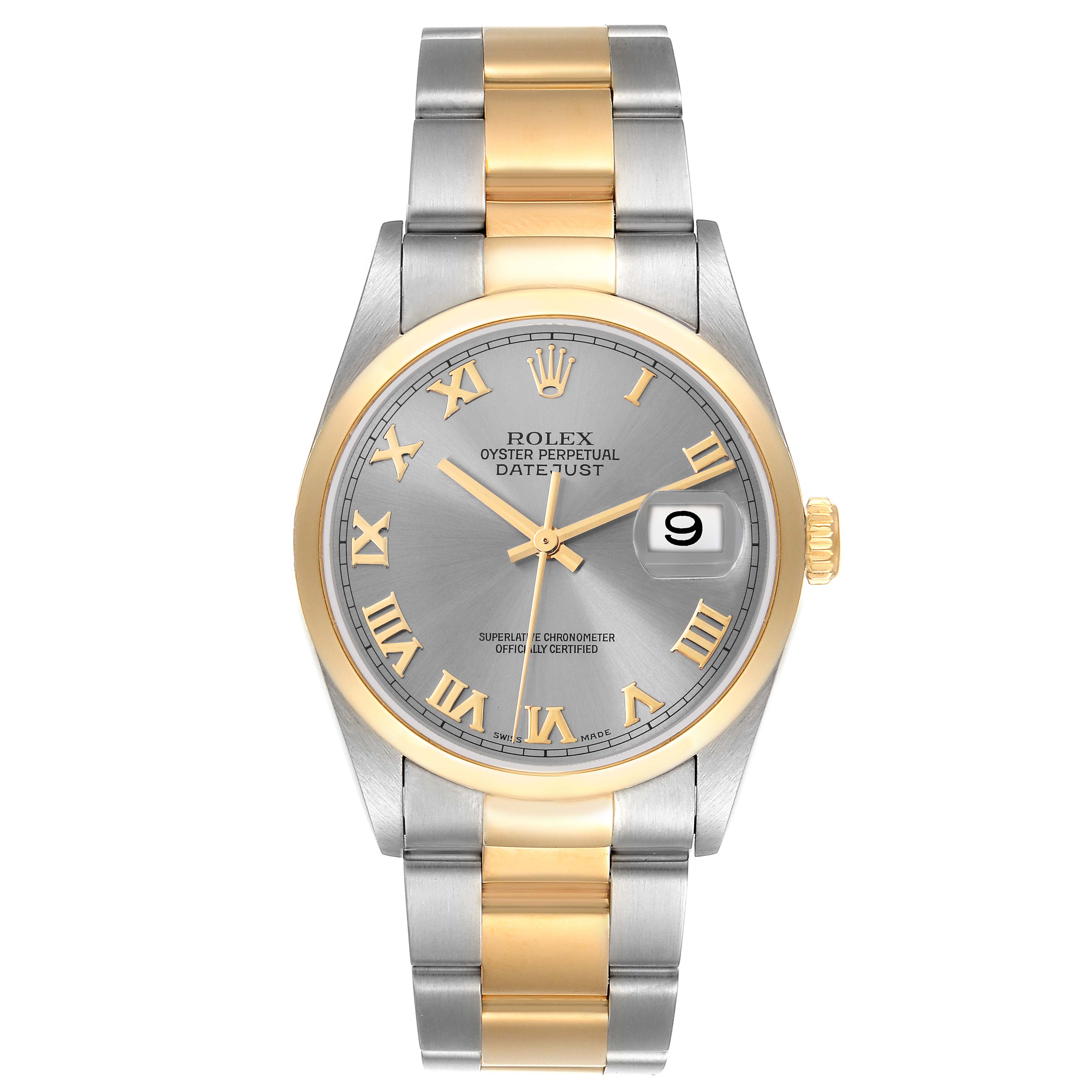 The Rolex Datejust 16203 Men's Steel and Gold (two tone) Grey Dial 16203 Men's Steel and Gold (two tone) Grey Dial watch is shown from a direct front view, displaying the dial, bezel, hands, date function, and two-tone bracelet.