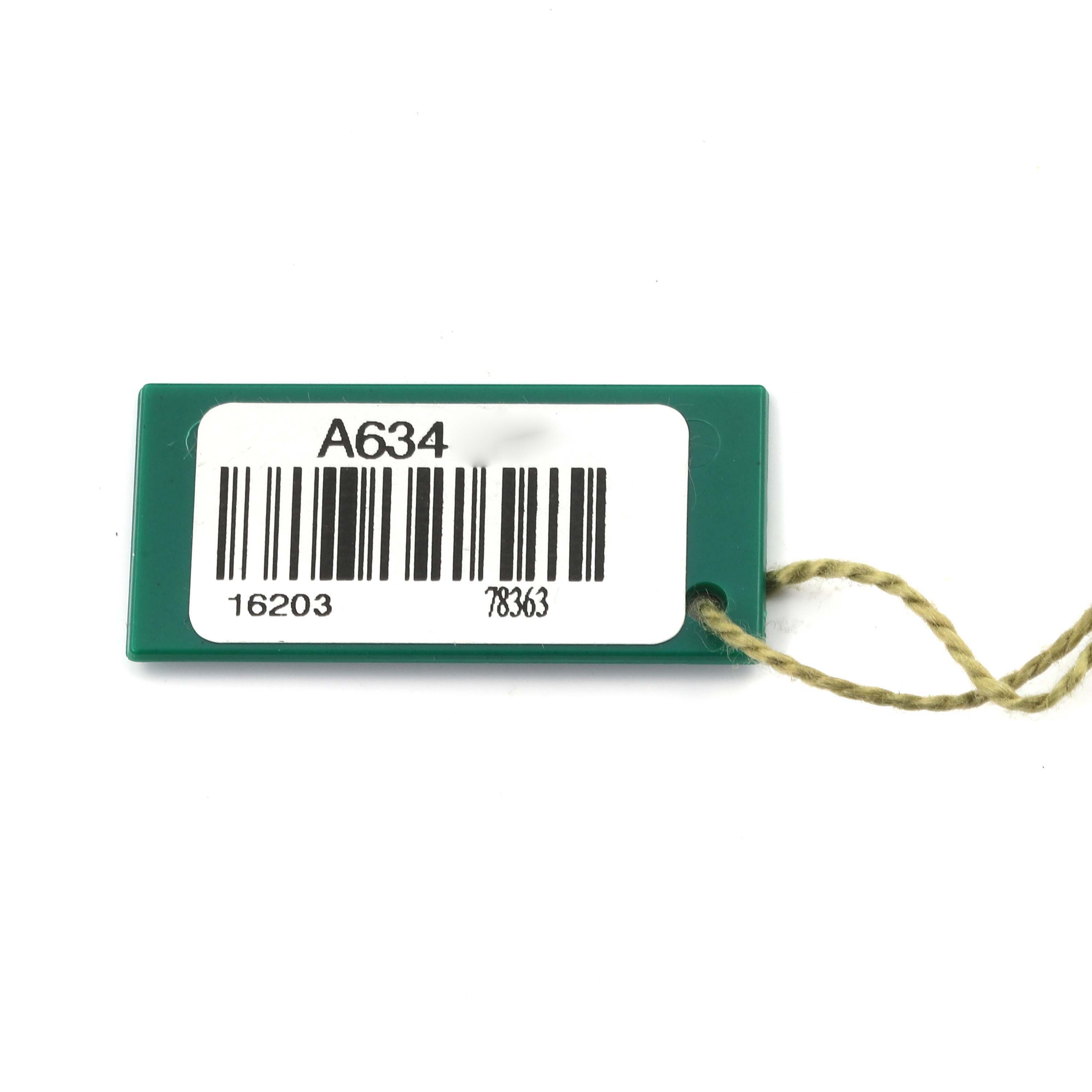 The image shows a green tag accessory for a Rolex Datejust 16203 Men's Steel and Gold (two tone) Grey Dial 16203 Men's Steel and Gold (two tone) Grey Dial with barcodes and numbers, attached to a string.