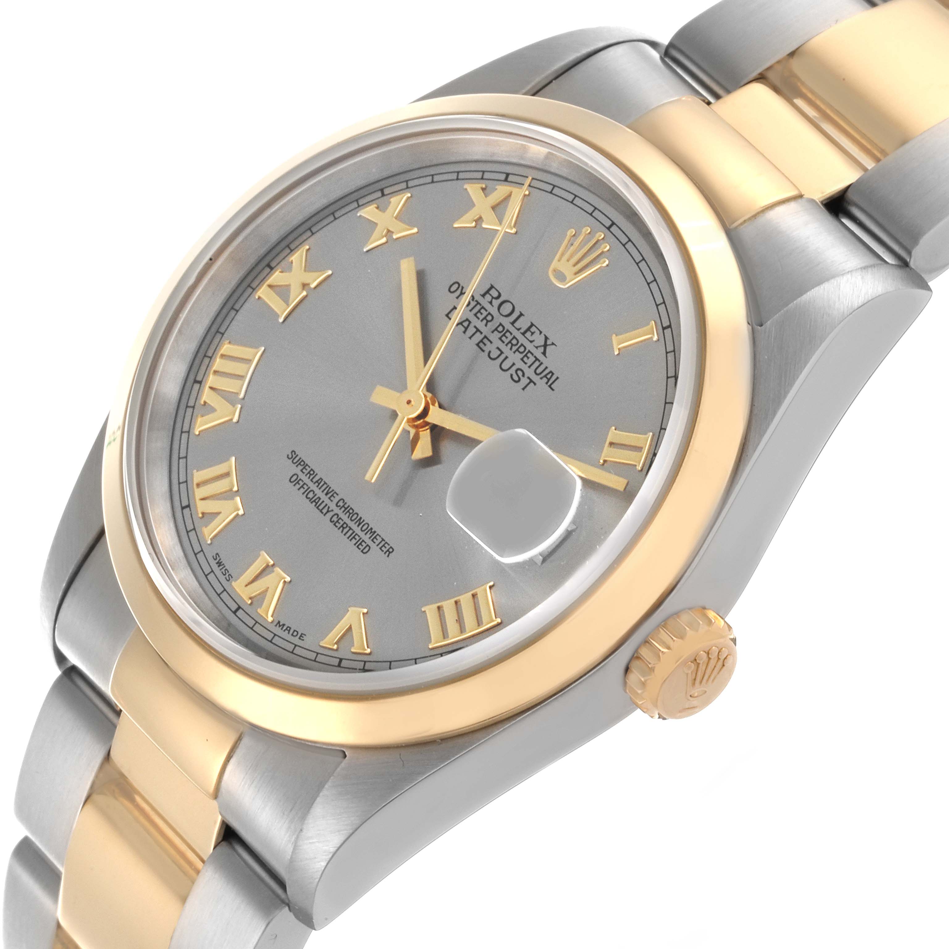 The image shows a Rolex Datejust 16203 Men's Steel and Gold (two tone) Grey Dial 16203 Men's Steel and Gold (two tone) Grey Dial watch at an angled view, highlighting the face, bezel, crown, and part of the bracelet.