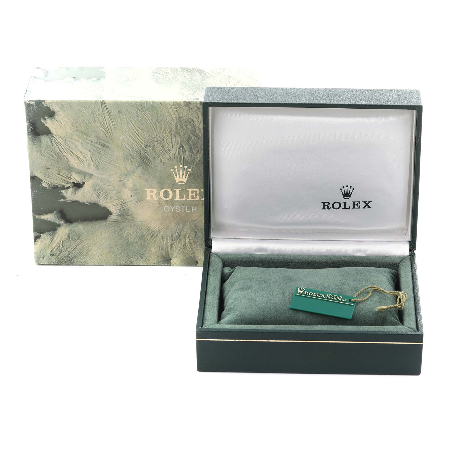 The image shows the open box and tag of a Rolex Datejust 16203 Men's Steel and Gold (two tone) Grey Dial 16203 Men's Steel and Gold (two tone) Grey Dial watch from a front angle.