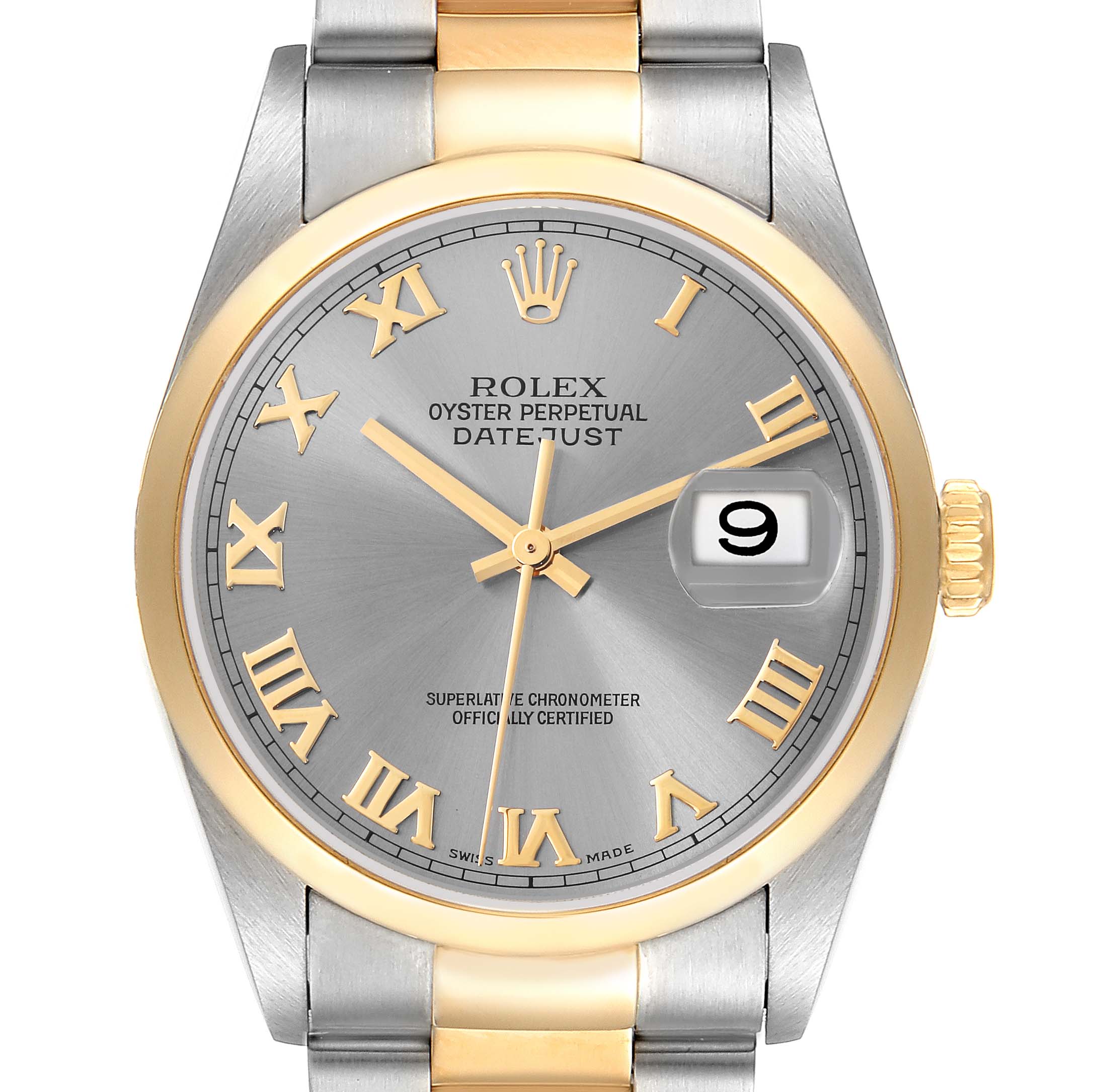 The Rolex Datejust 16203 Men's Steel and Gold (two tone) Grey Dial 16203 Men's Steel and Gold (two tone) Grey Dial watch is shown from the front, featuring the dial, Roman numerals, bezel, and bracelet.