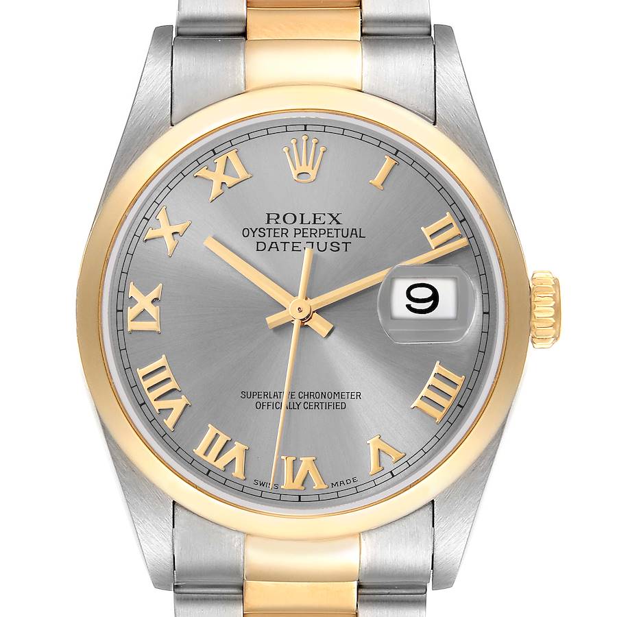 The Rolex Datejust watch is shown from the front, featuring the dial, Roman numerals, bezel, and bracelet.