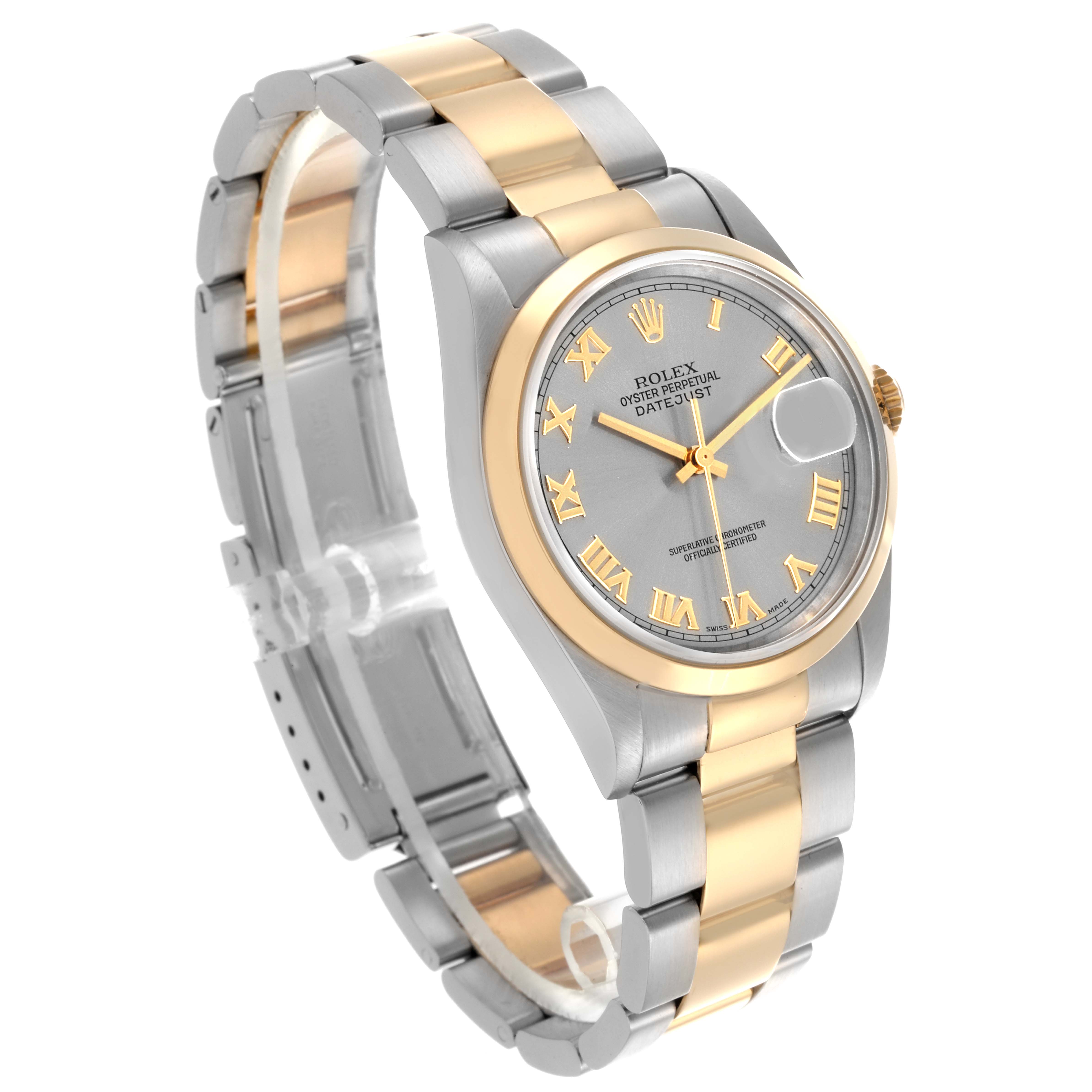 The Rolex Datejust 16203 Men's Steel and Gold (two tone) Grey Dial 16203 Men's Steel and Gold (two tone) Grey Dial is shown at an angled side view, highlighting the dial, bezel, and two-tone bracelet.