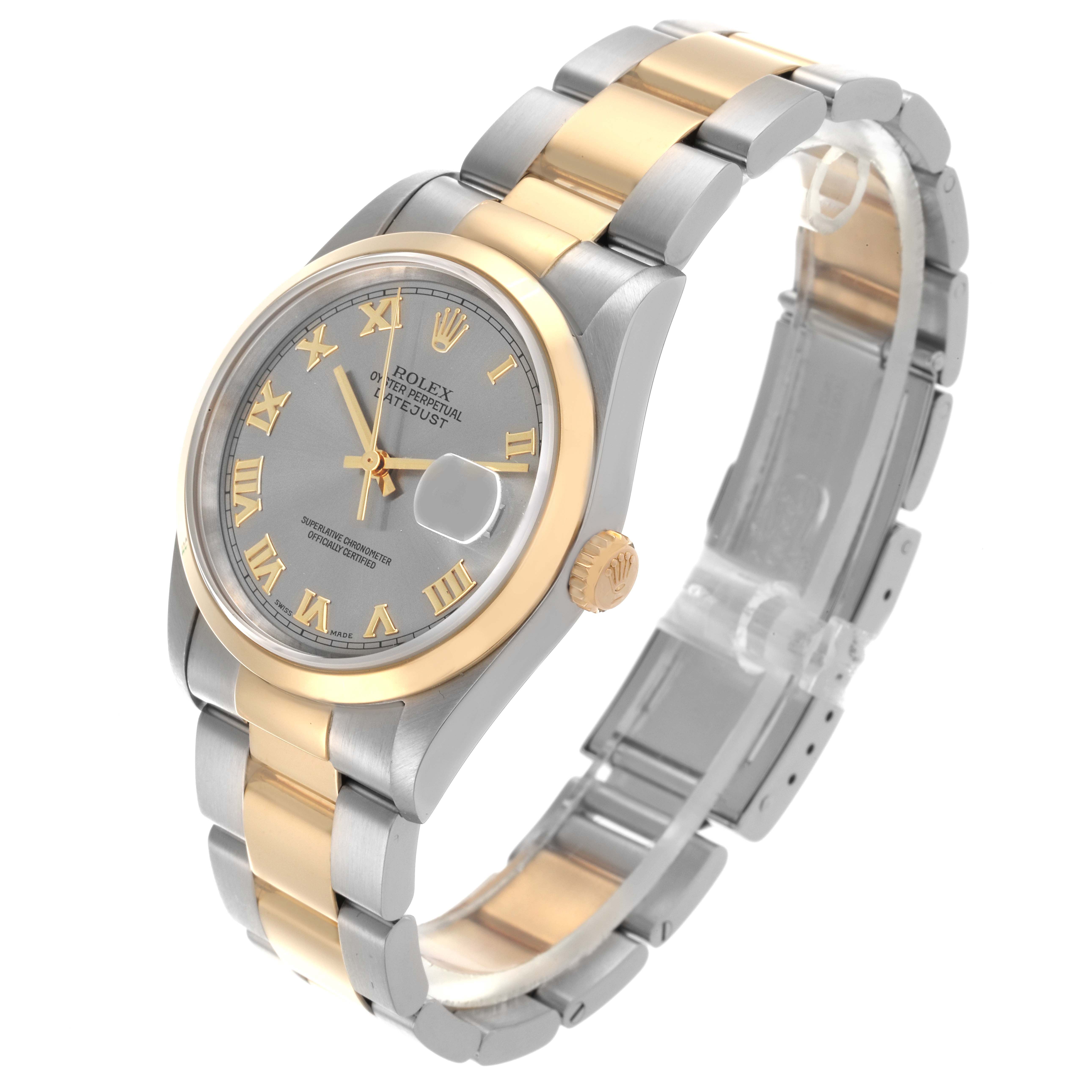 The Rolex Datejust 16203 Men's Steel and Gold (two tone) Grey Dial 16203 Men's Steel and Gold (two tone) Grey Dial is shown at a three-quarter angle, highlighting the dial, bracelet, and crown.