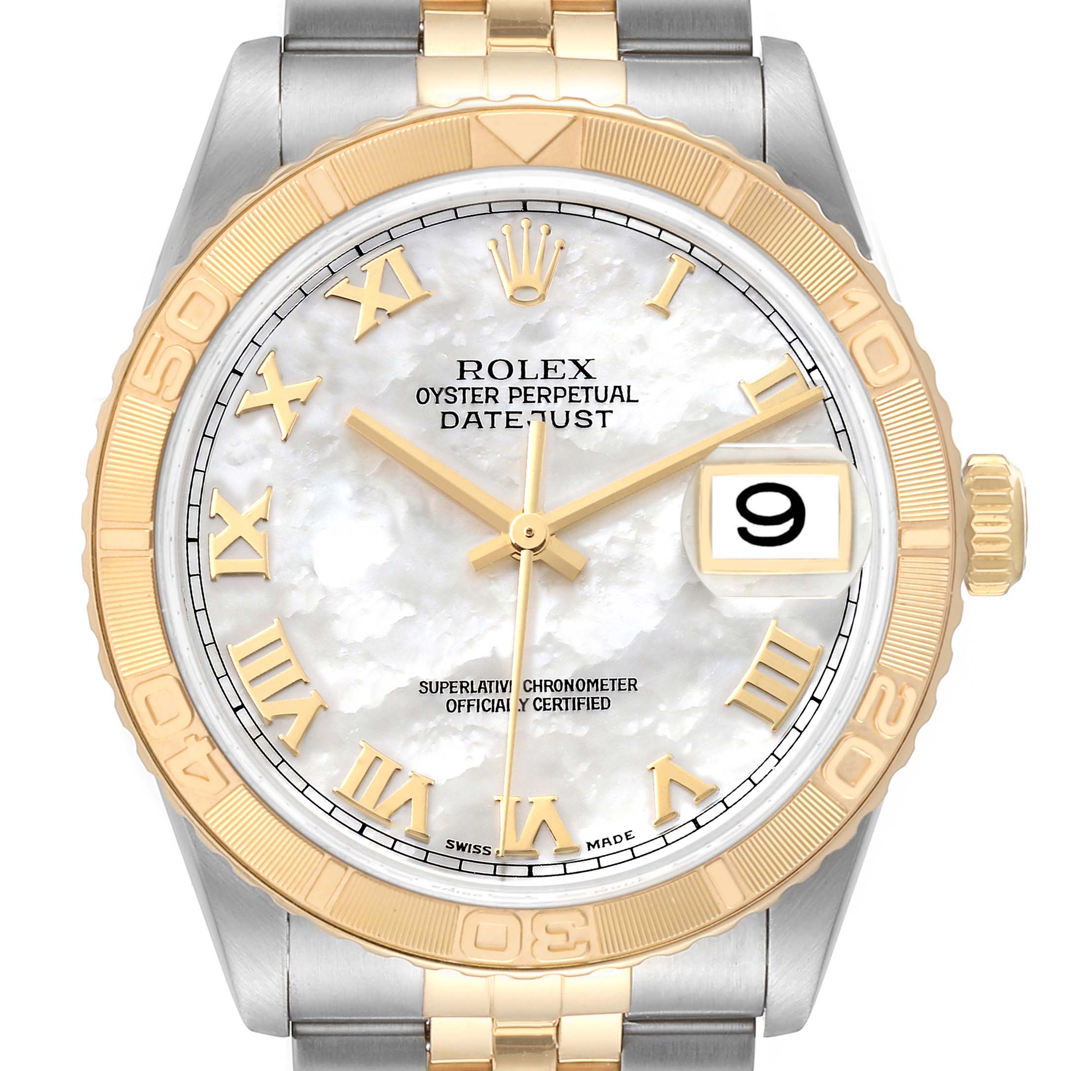 This image shows a front view of a Rolex Turn-o-Graph 16263 Men's Steel and Gold (two tone) Mother of Pearl Dial 16263 Men's Steel and Gold (two tone) Mother of Pearl Dial watch, highlighting its face, bezel, bracelet, and crown.