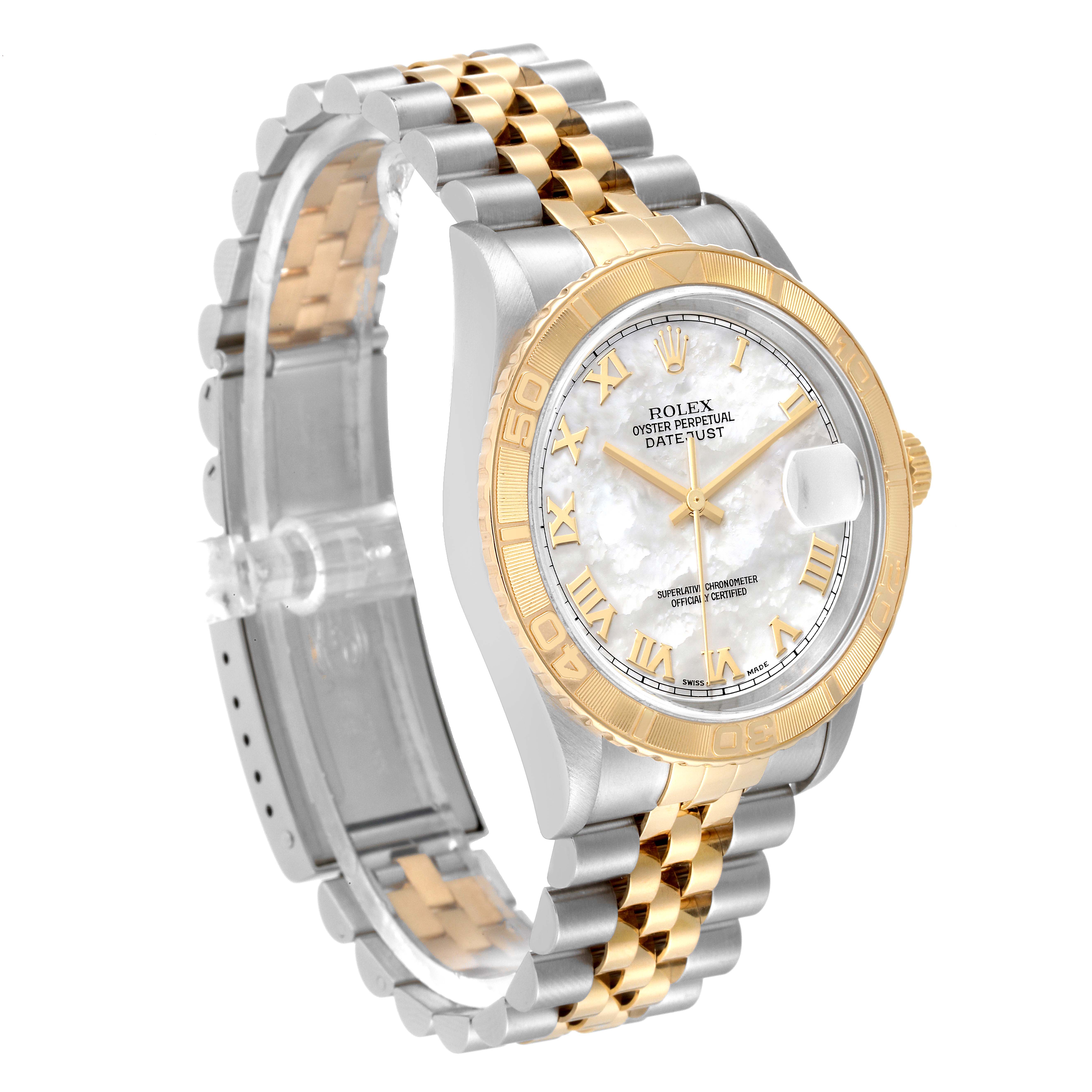 The image shows a Rolex Turn-o-Graph 16263 Men's Steel and Gold (two tone) Mother of Pearl Dial 16263 Men's Steel and Gold (two tone) Mother of Pearl Dial watch at a slight angle, highlighting its face, bezel, and two-tone bracelet.