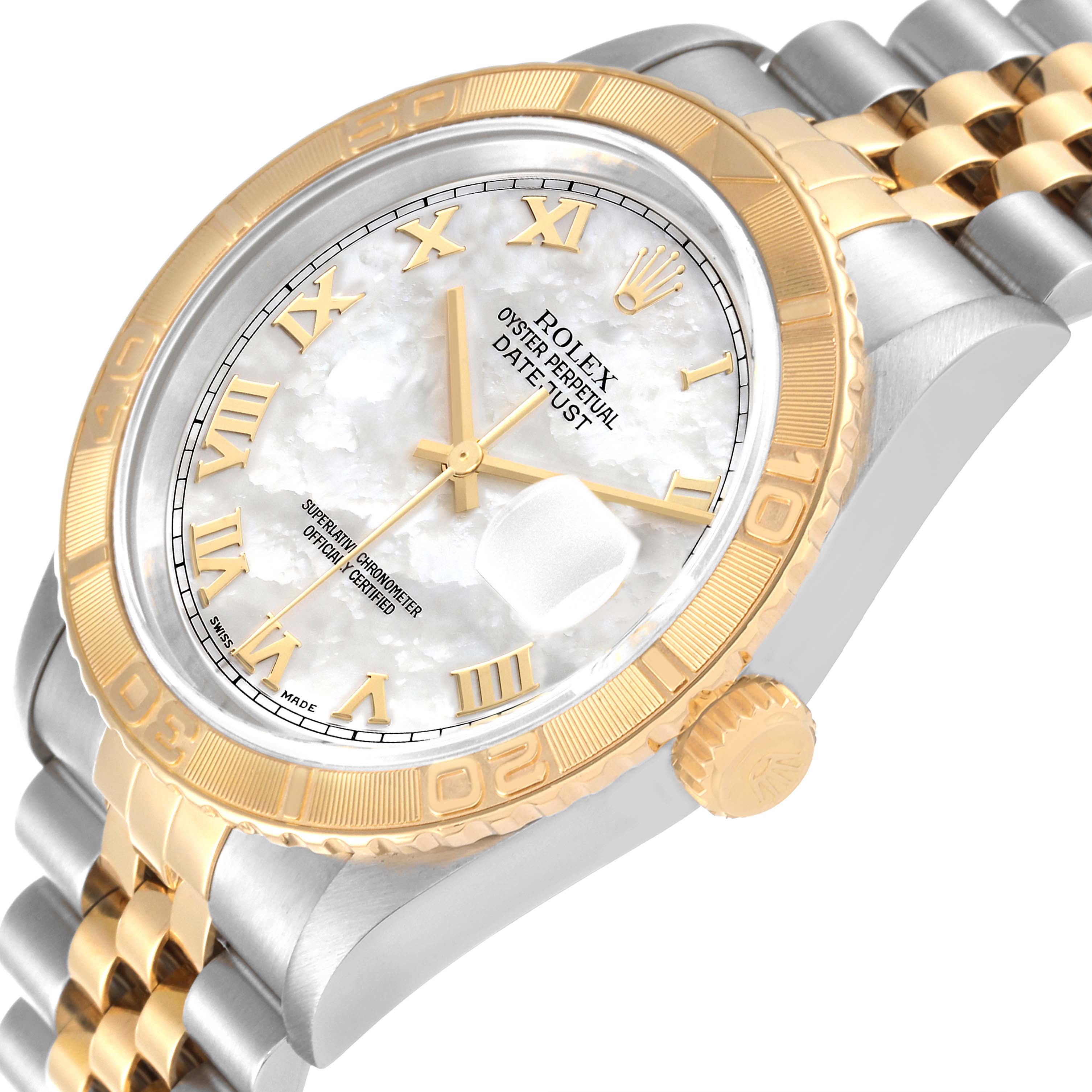 This image shows a close-up side angle of the Rolex Turn-o-Graph 16263 Men's Steel and Gold (two tone) Mother of Pearl Dial 16263 Men's Steel and Gold (two tone) Mother of Pearl Dial watch, highlighting its bezel, dial, and part of the bracelet.