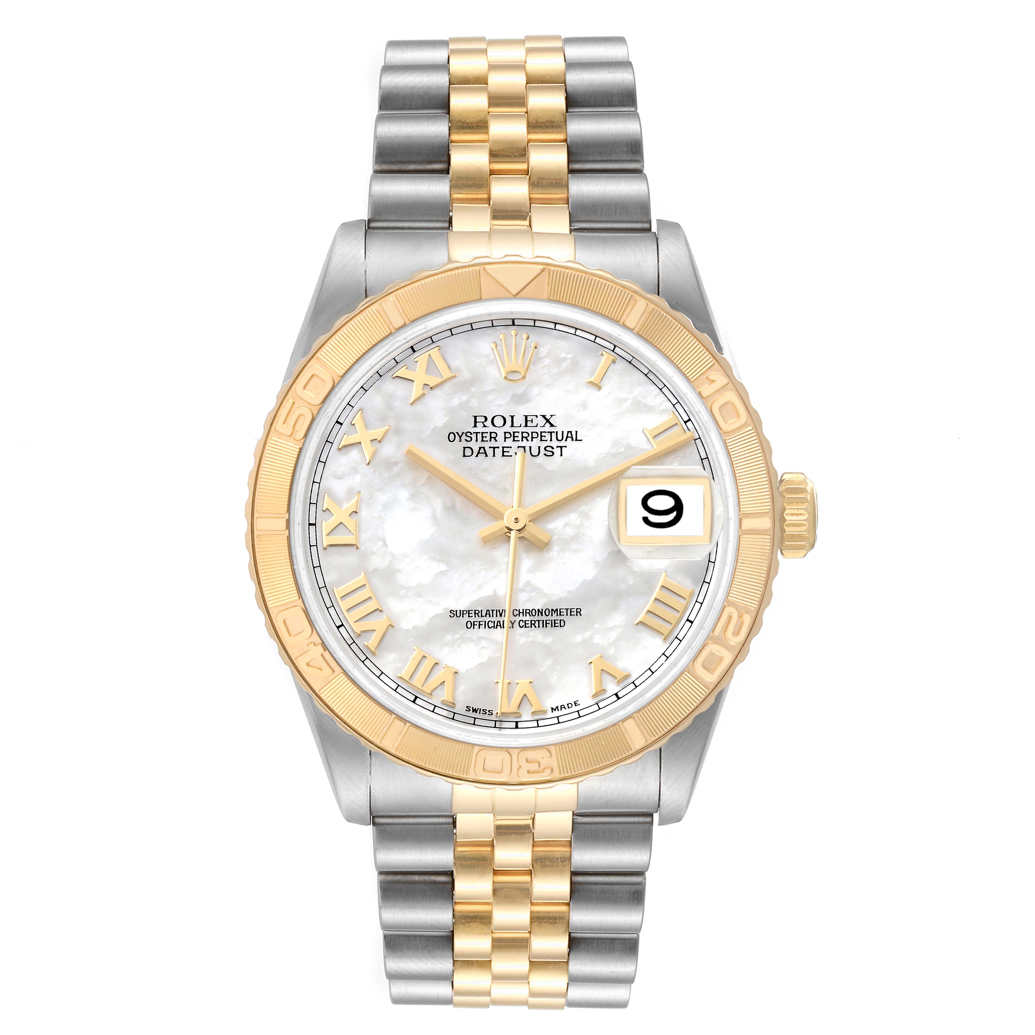The image shows a Rolex Turn-o-Graph 16263 Men's Steel and Gold (two tone) Mother of Pearl Dial 16263 Men's Steel and Gold (two tone) Mother of Pearl Dial watch with a front view, featuring a gold and silver bracelet, white dial, and date display.