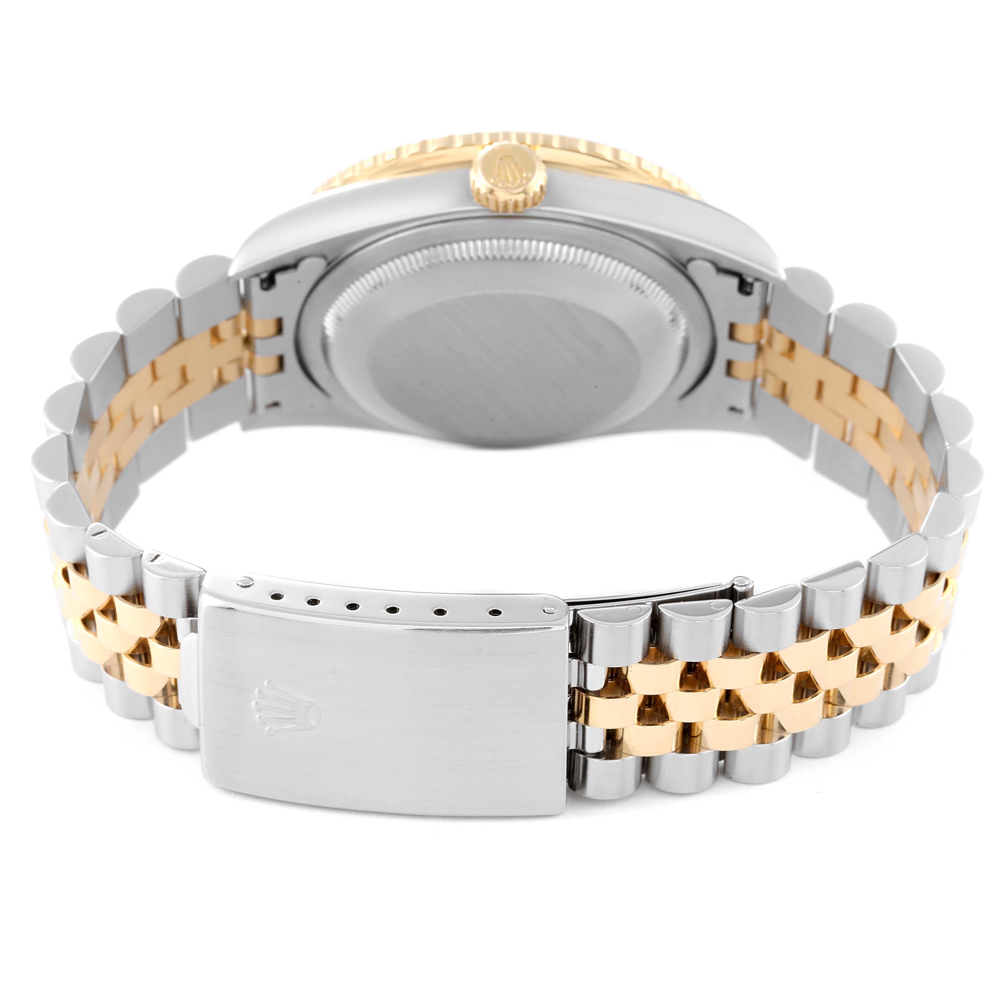 The image shows the back view of a Rolex Turn-o-Graph 16263 Men's Steel and Gold (two tone) Mother of Pearl Dial 16263 Men's Steel and Gold (two tone) Mother of Pearl Dial watch, displaying its Jubilee bracelet and clasp.