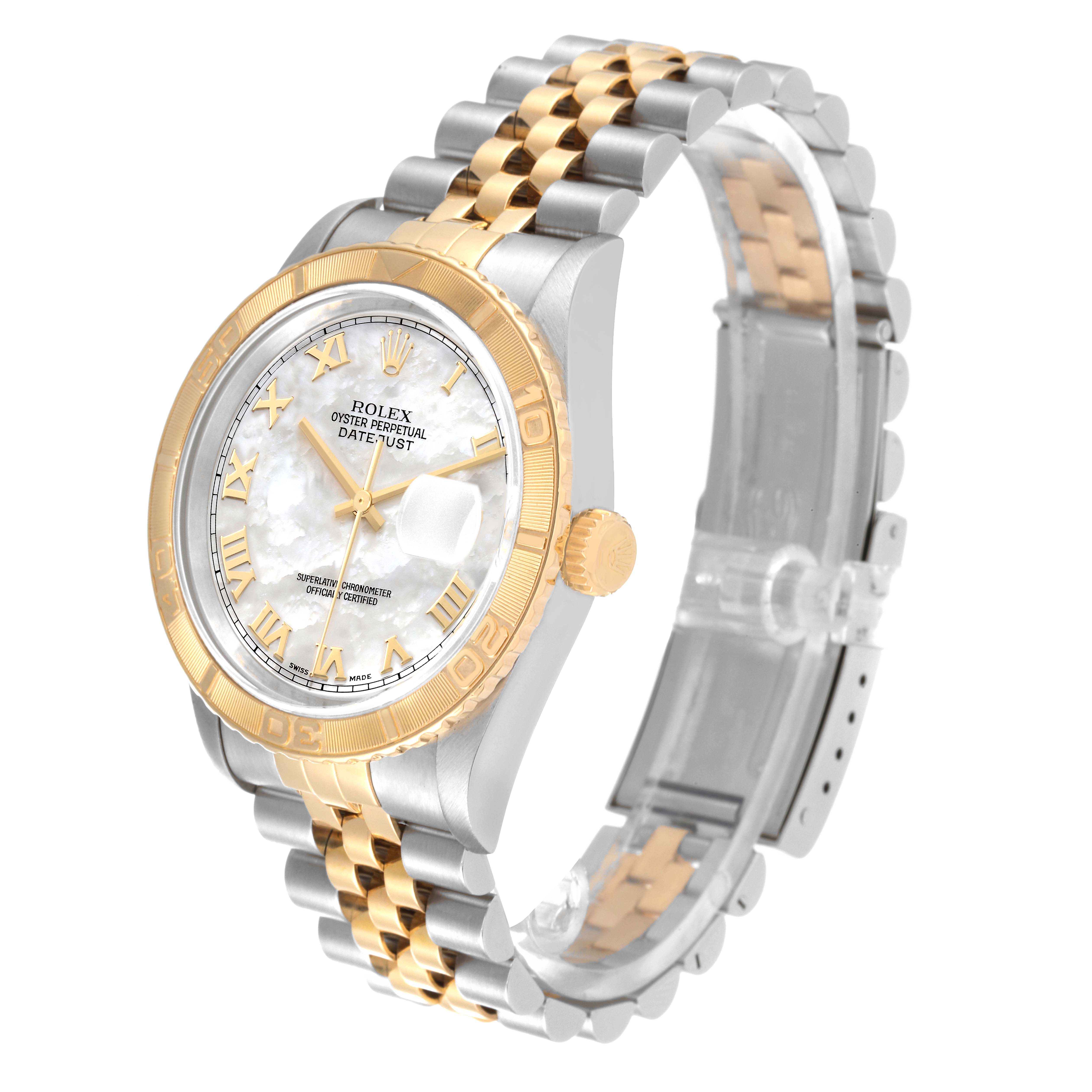 The image shows a side angle of the Rolex Turn-o-Graph 16263 Men's Steel and Gold (two tone) Mother of Pearl Dial 16263 Men's Steel and Gold (two tone) Mother of Pearl Dial watch, displaying its bezel, crown, dial, and two-tone bracelet.