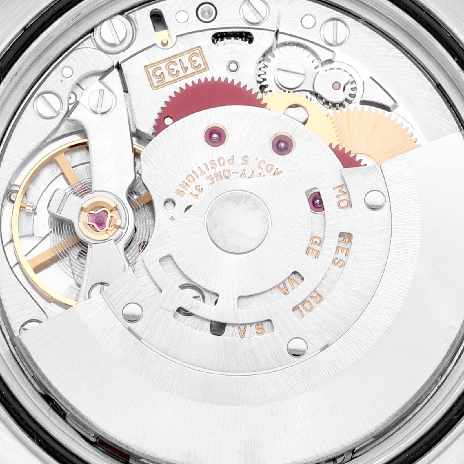 This image shows a close-up of the movement mechanism inside a Rolex Datejust 16220 Men's Stainless Steel White Dial 16220 Men's Stainless Steel White Dial watch.