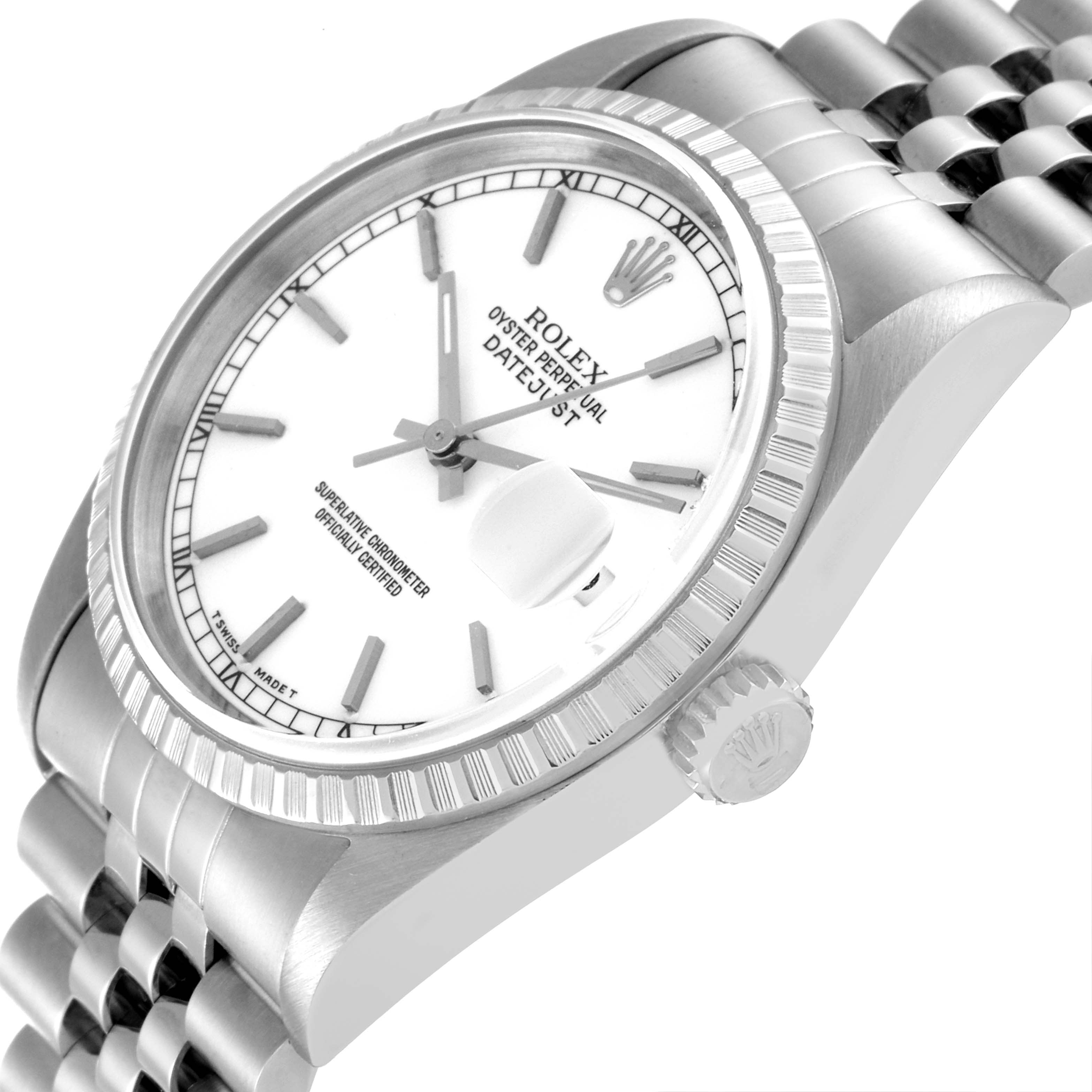 The image shows a Rolex Datejust 16220 Men's Stainless Steel White Dial 16220 Men's Stainless Steel White Dial watch at a slight angle emphasizing its dial, crown, and part of the bracelet.