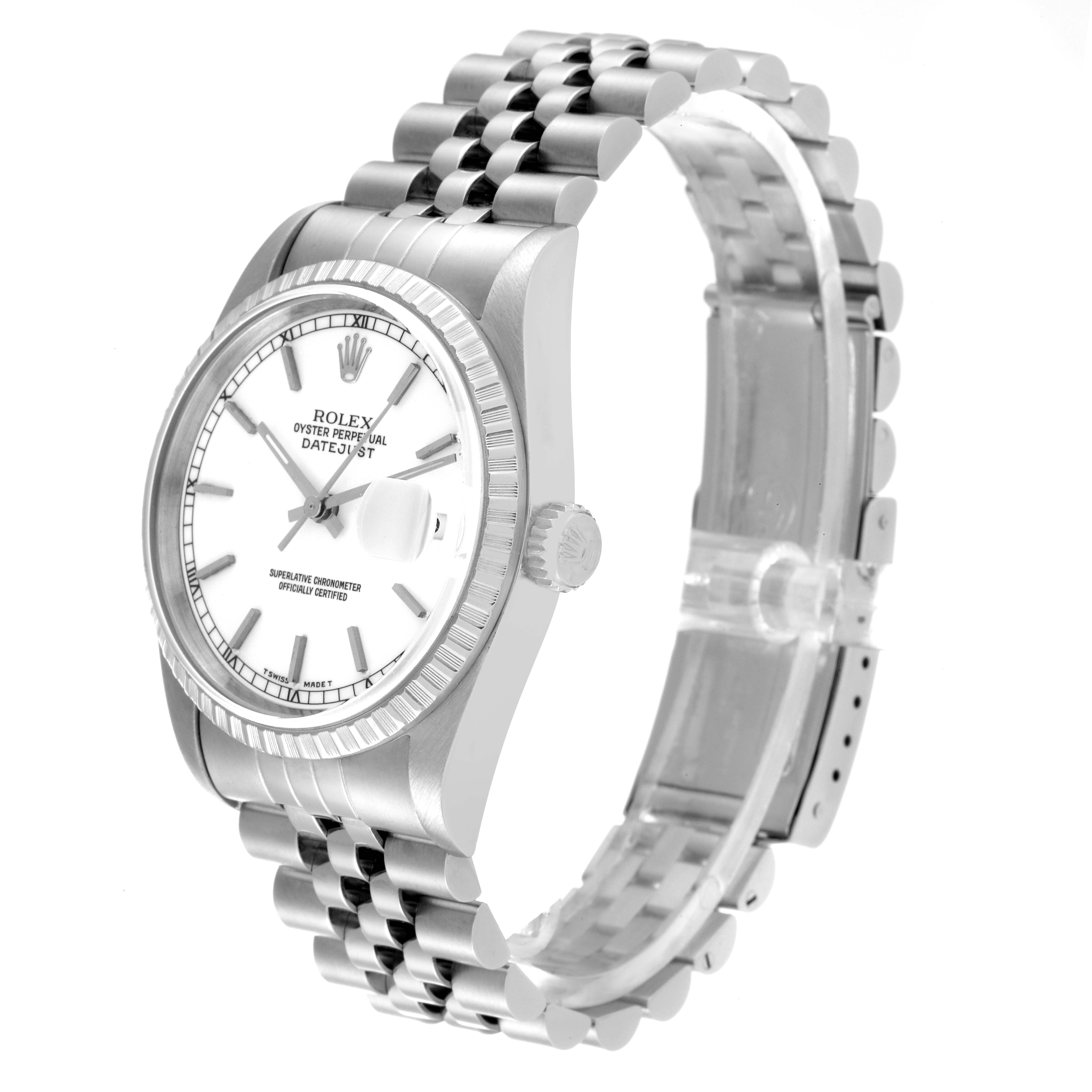 This image shows a side and front angle view of a Rolex Datejust 16220 Men's Stainless Steel White Dial 16220 Men's Stainless Steel White Dial watch, highlighting its face, bezel, and bracelet.