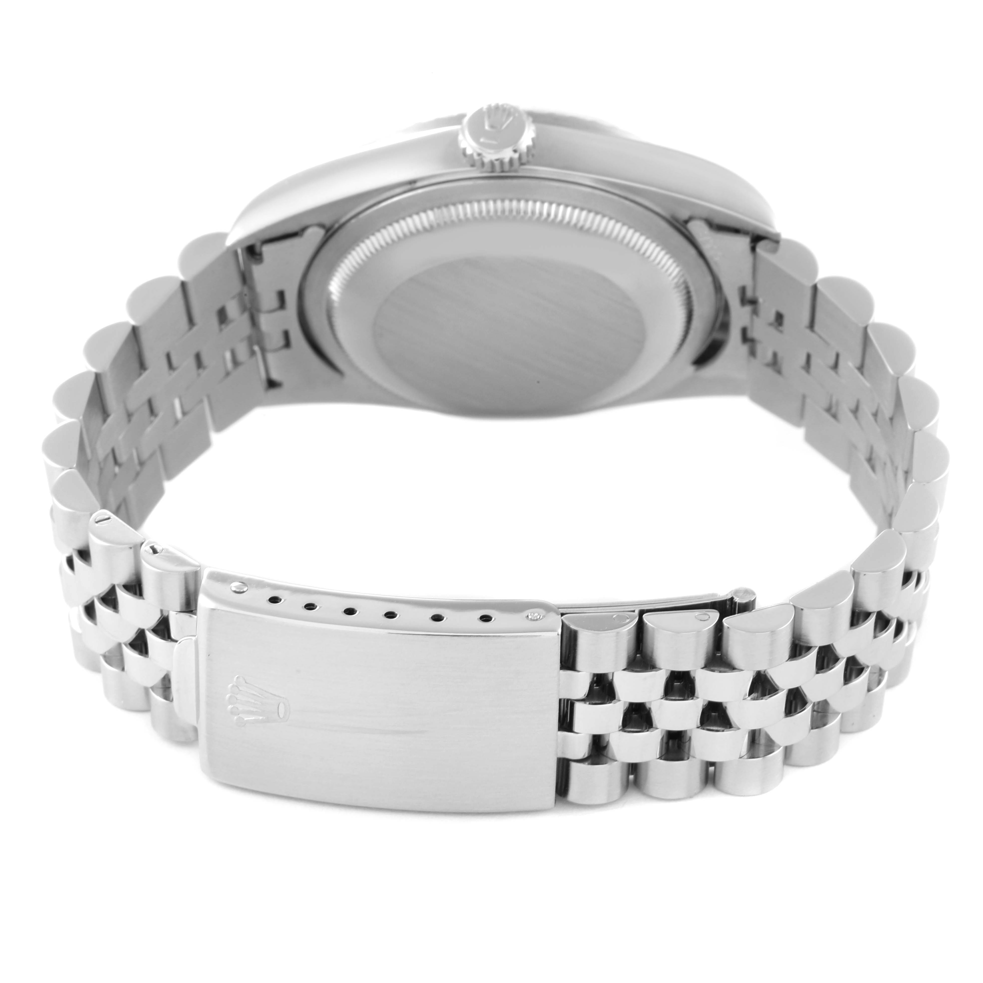 The watch, a Rolex Datejust 16220 Men's Stainless Steel White Dial 16220 Men's Stainless Steel White Dial model, is shown from the back focusing on the case, bracelet, and clasp.