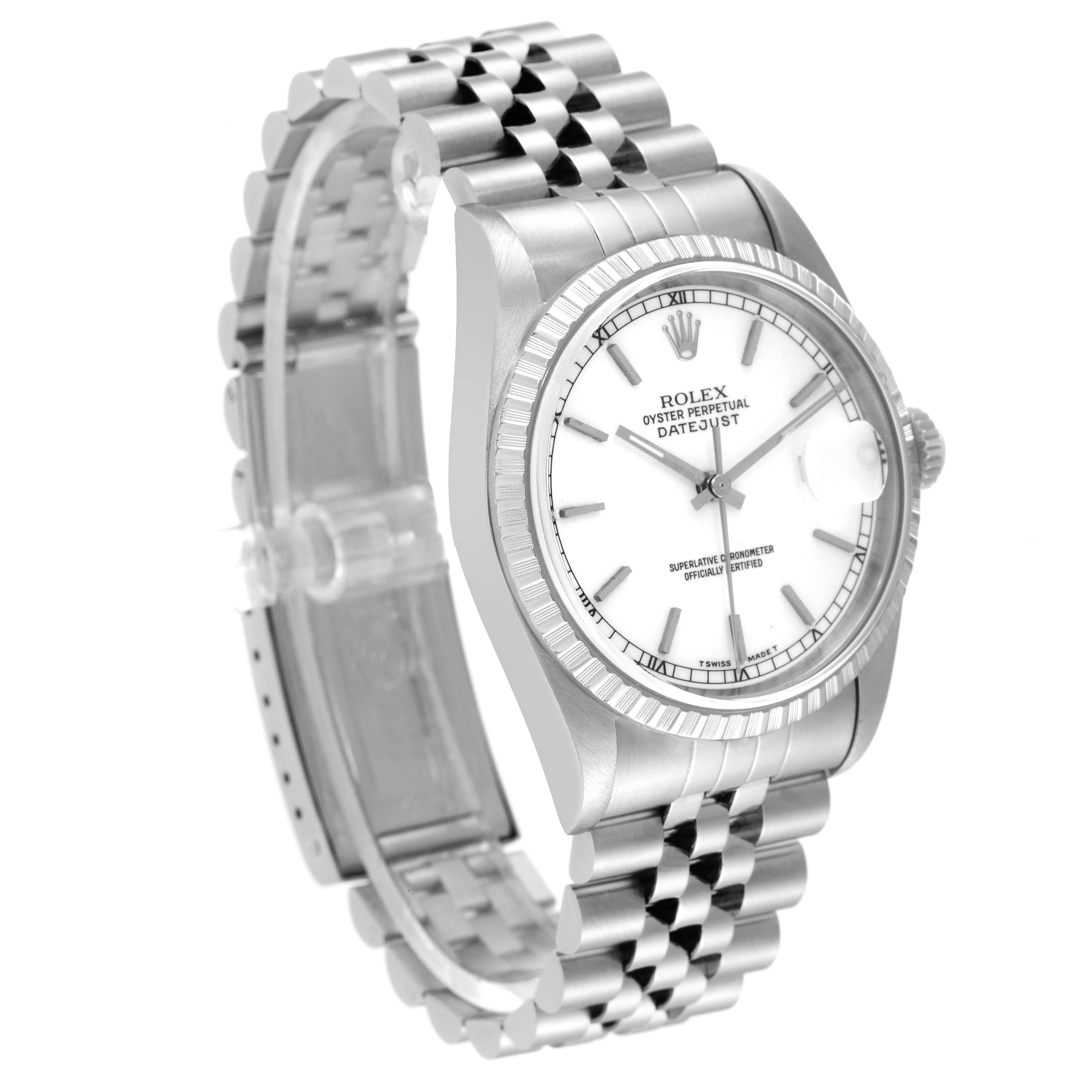 This image shows a side angle of a Rolex Datejust 16220 Men's Stainless Steel White Dial 16220 Men's Stainless Steel White Dial, displaying its white dial, fluted bezel, and Jubilee bracelet.